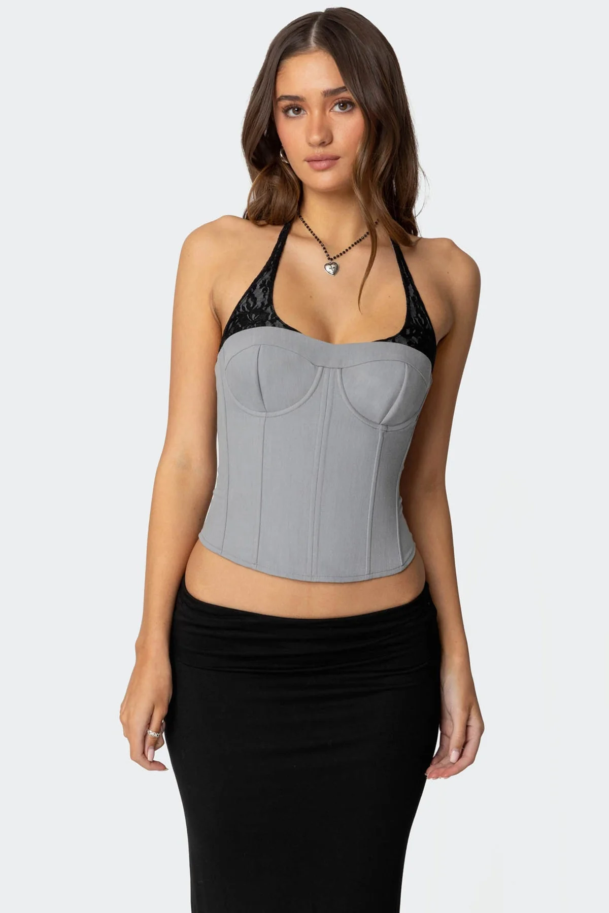 Gray Lace Halter Corset with Layered Design