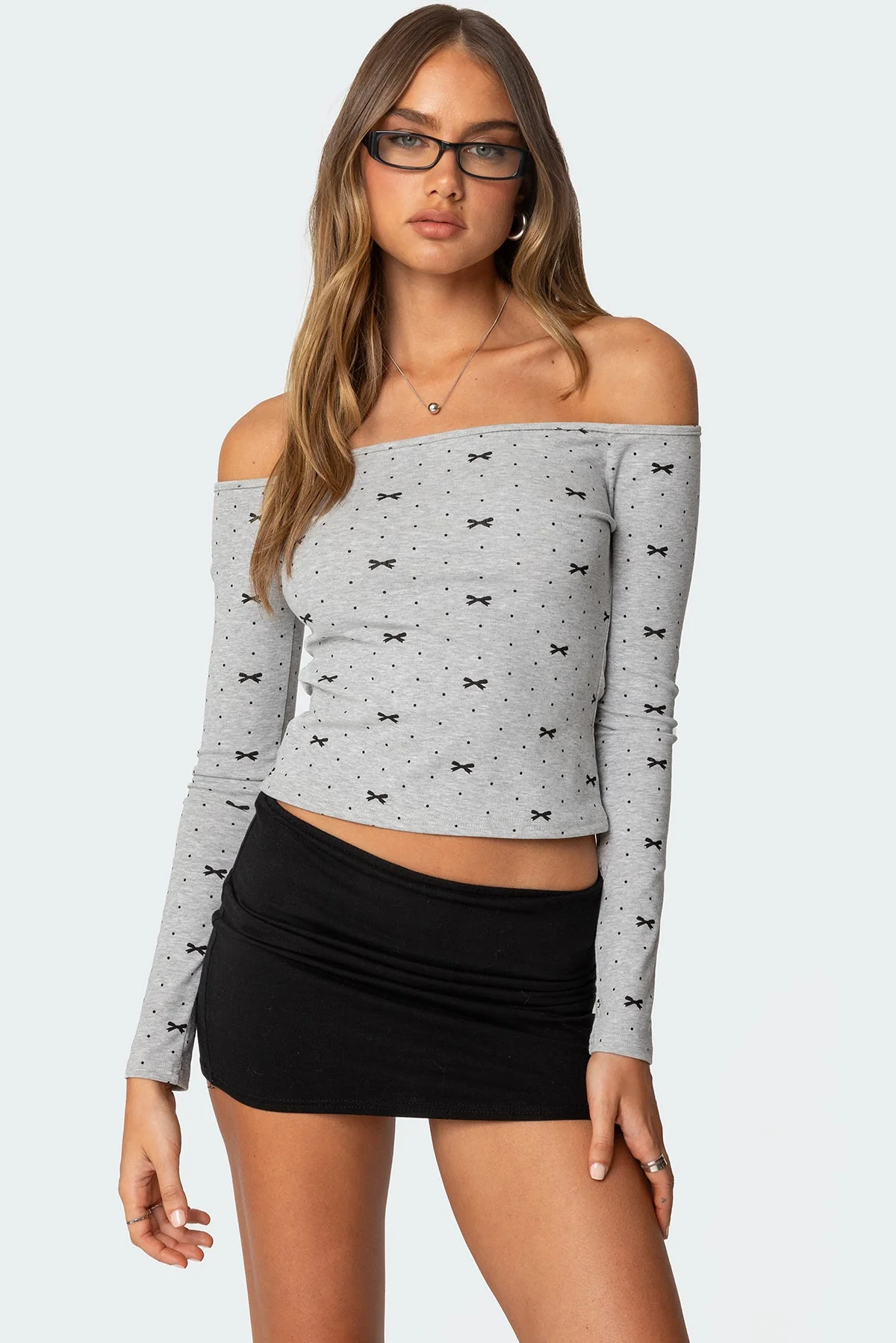 Gray Melange Off Shoulder Top with Bows & Dots