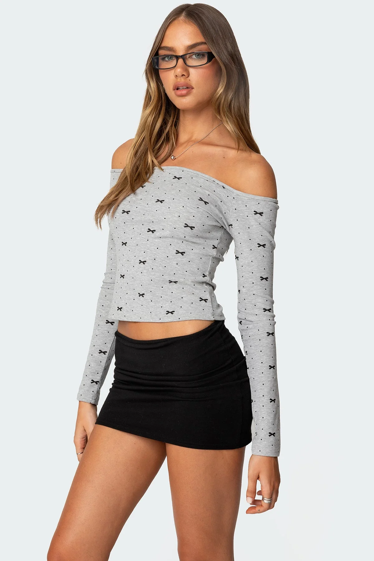 Gray Melange Off Shoulder Top with Bows & Dots