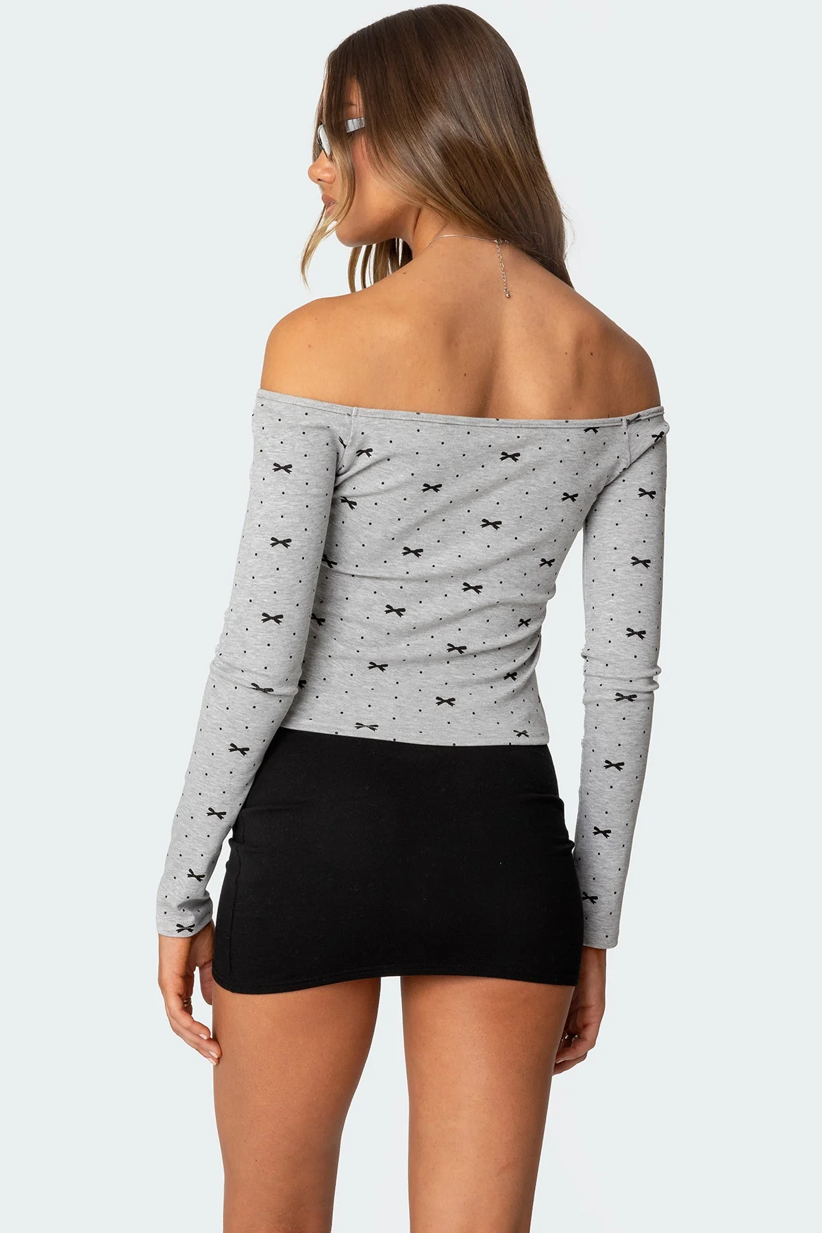 Gray Melange Off Shoulder Top with Bows & Dots