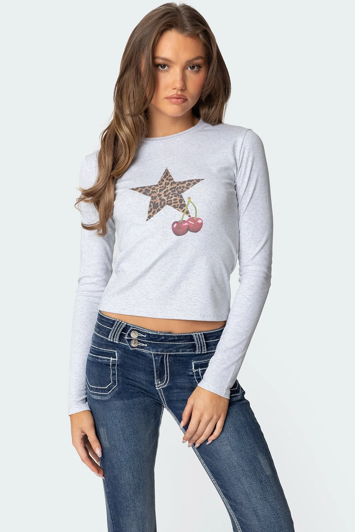 Leopard Print Long Sleeve T-Shirt in Pink and Gray Melange