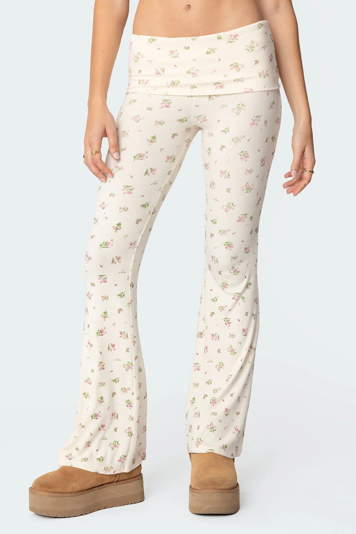 Cream Flared Leggings with Fold Over Waistband