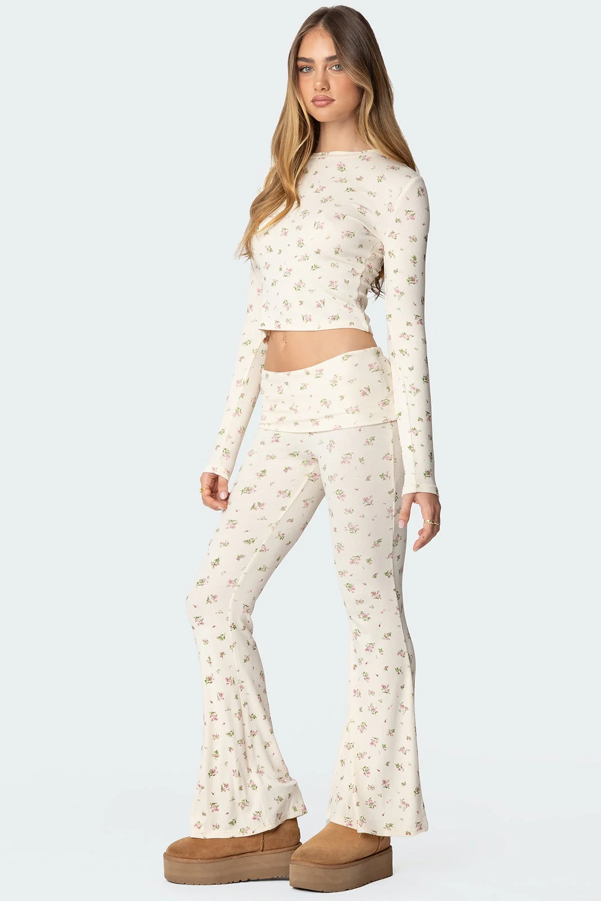 Cream Flared Leggings with Fold Over Waistband