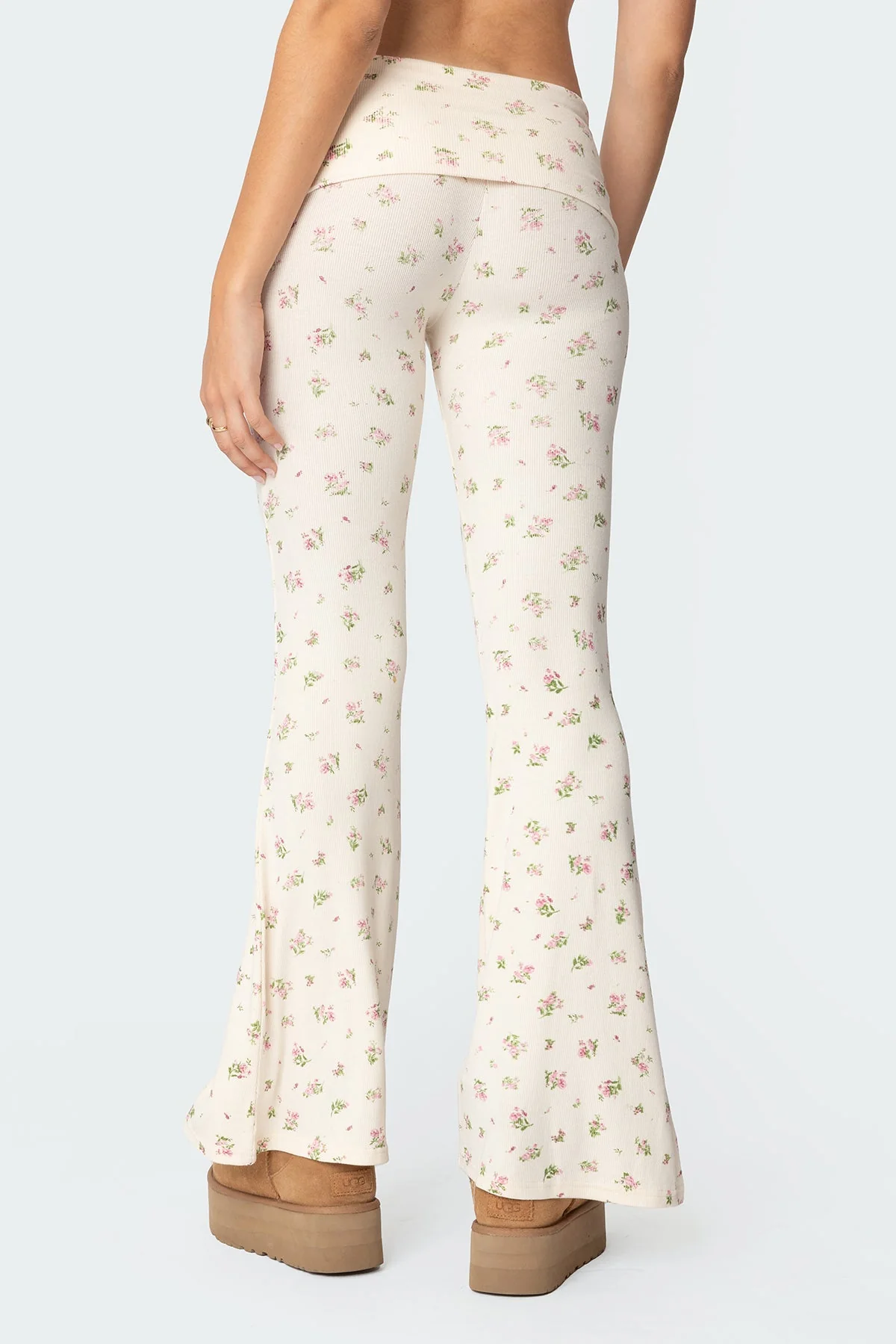 Cream Flared Leggings with Fold Over Waistband