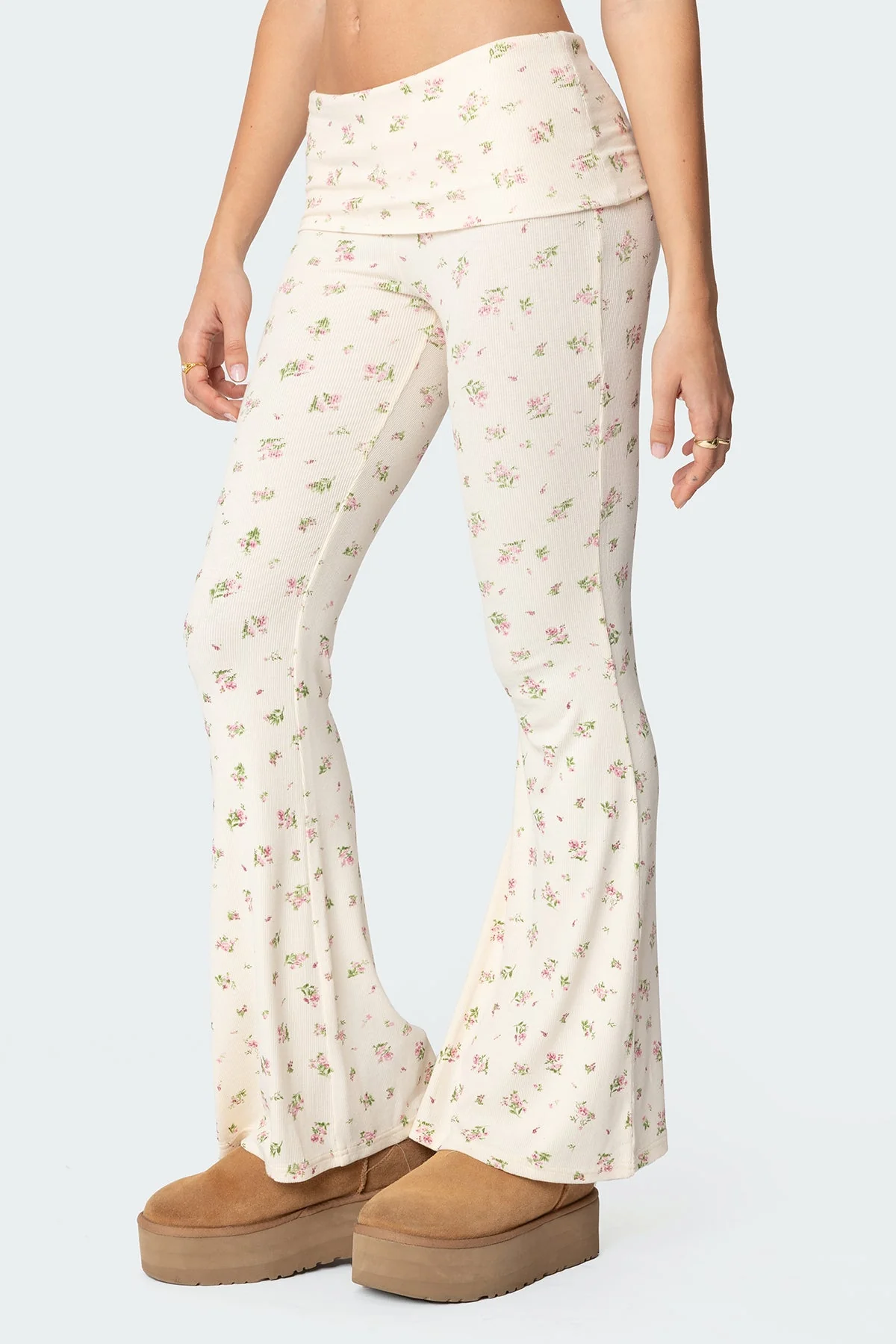 Cream Flared Leggings with Fold Over Waistband