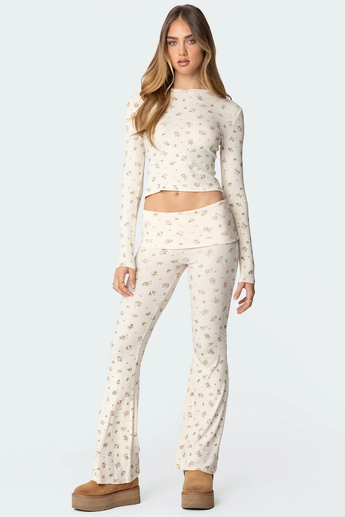 Cream Flared Leggings with Fold Over Waistband