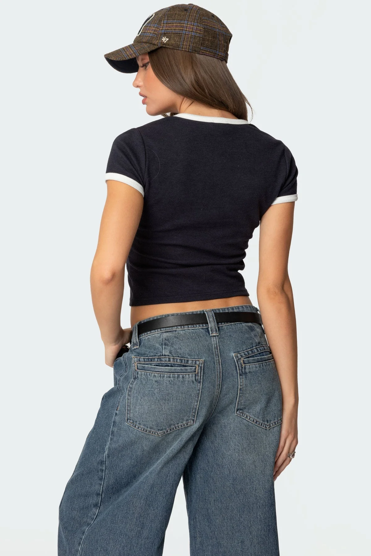 Navy Waffle Fabric Henley Top for Women