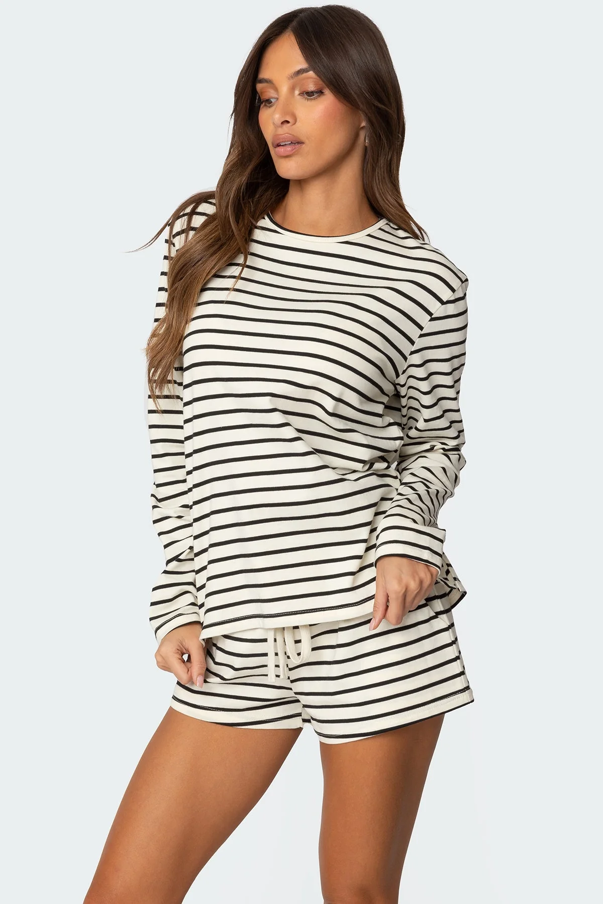 Cream Striped Long Sleeve T-Shirt for Women