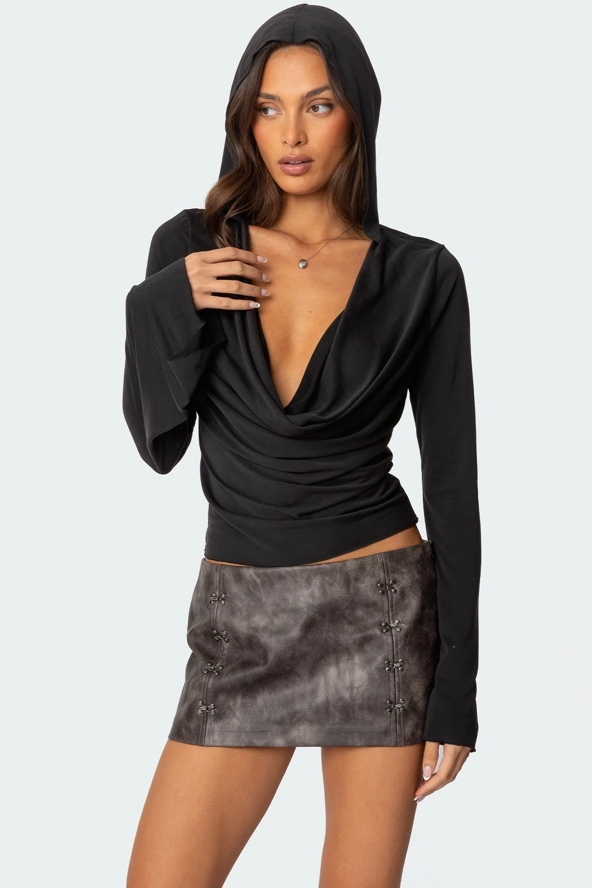 Black Hooded Cowl Neck Top for Women