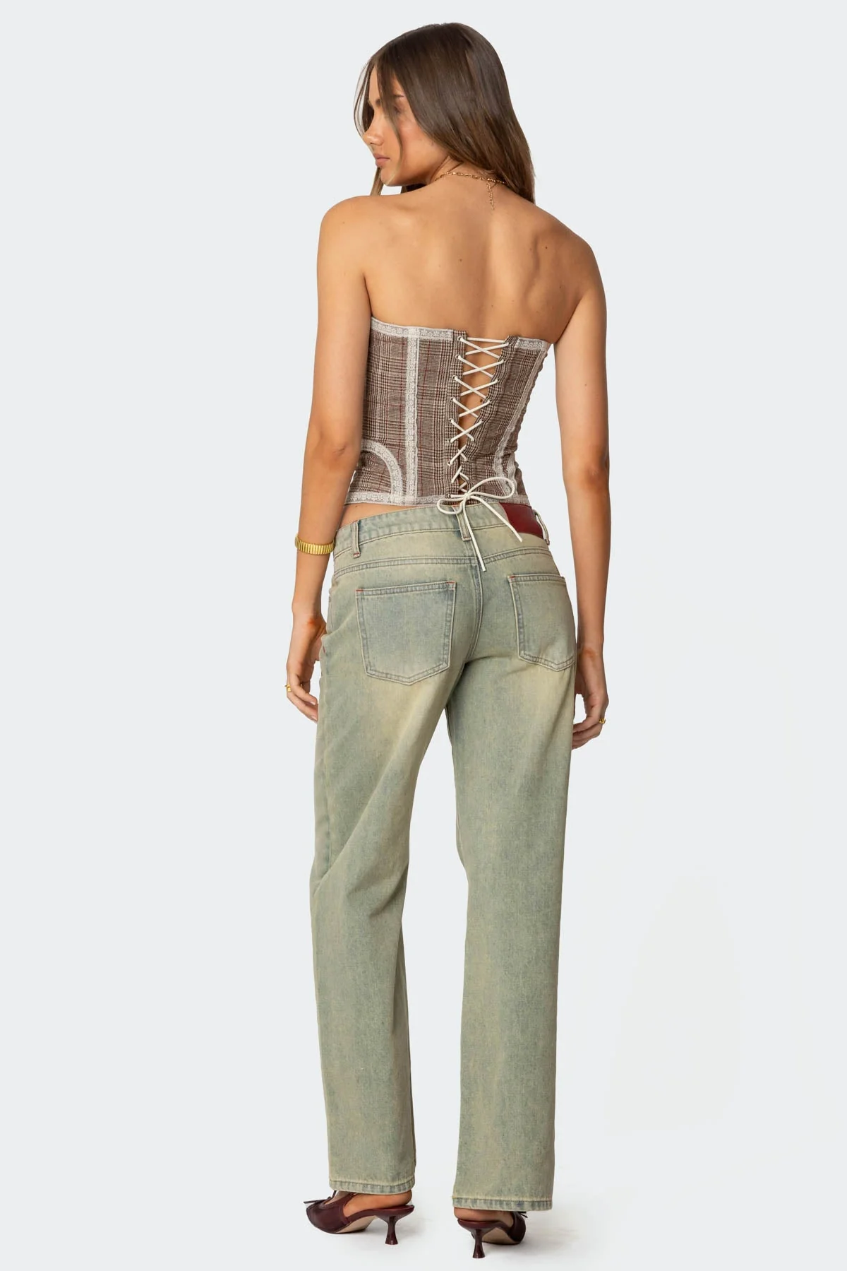 Jaiden Houndstooth Plaid Corset in Brown - Lace-Up Back Closure