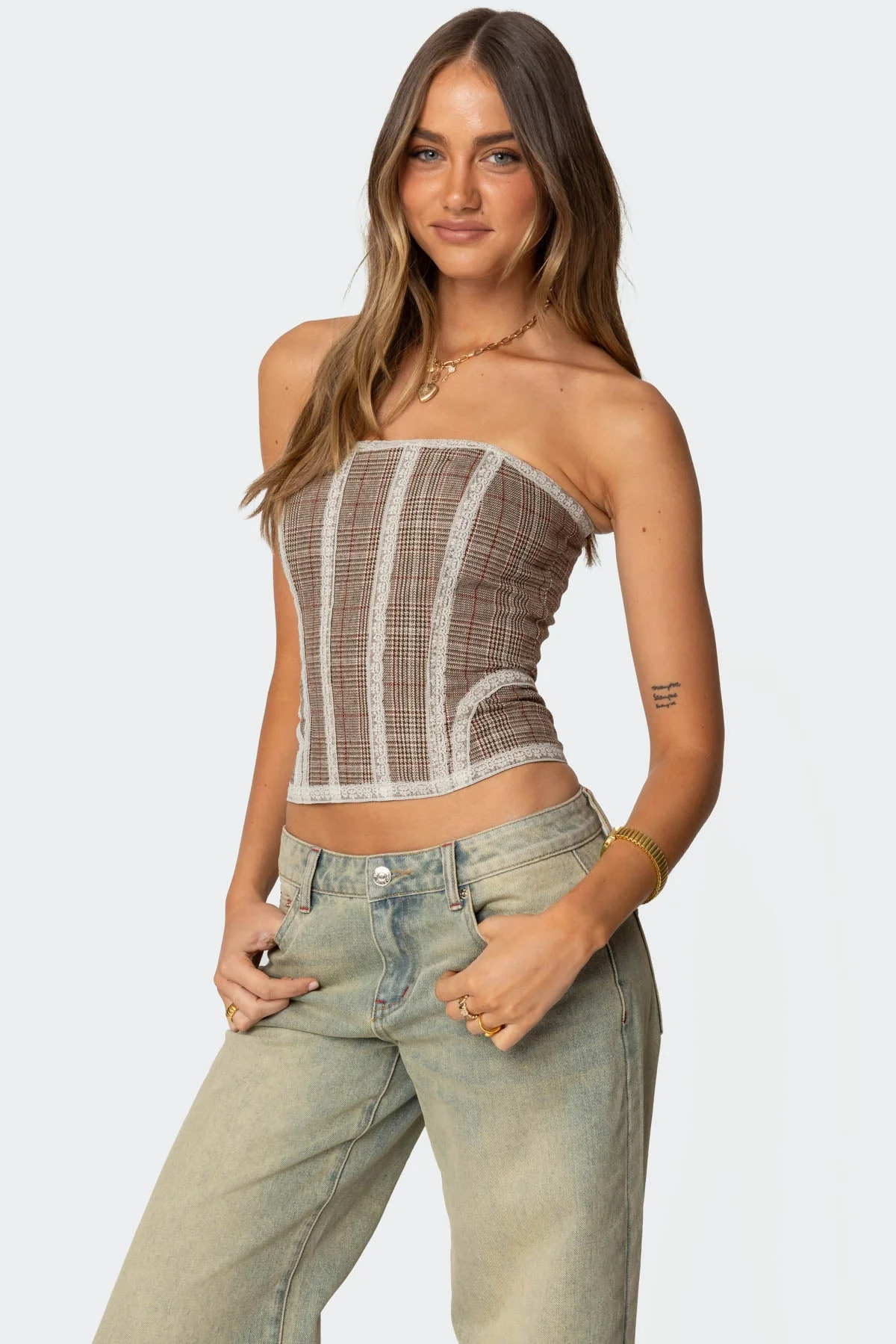 Jaiden Houndstooth Plaid Corset in Brown - Lace-Up Back Closure