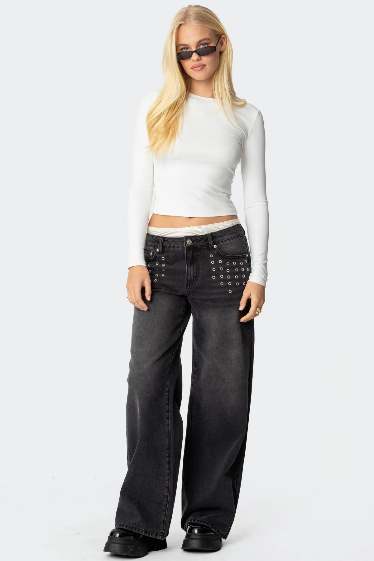 Black Grommet Wide Leg Denim Jeans for Women