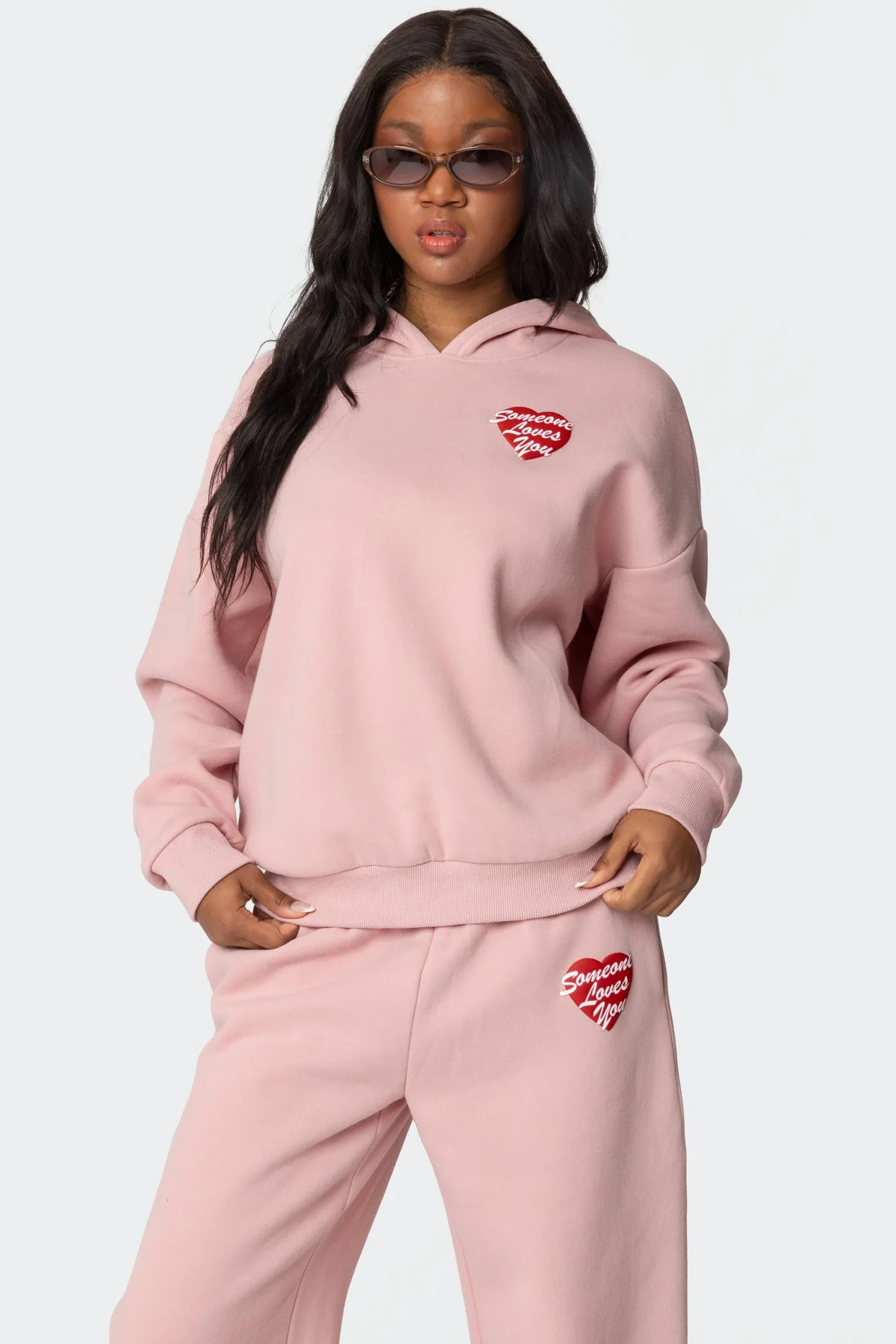 Heart Graphic Pink Hoodie Set
