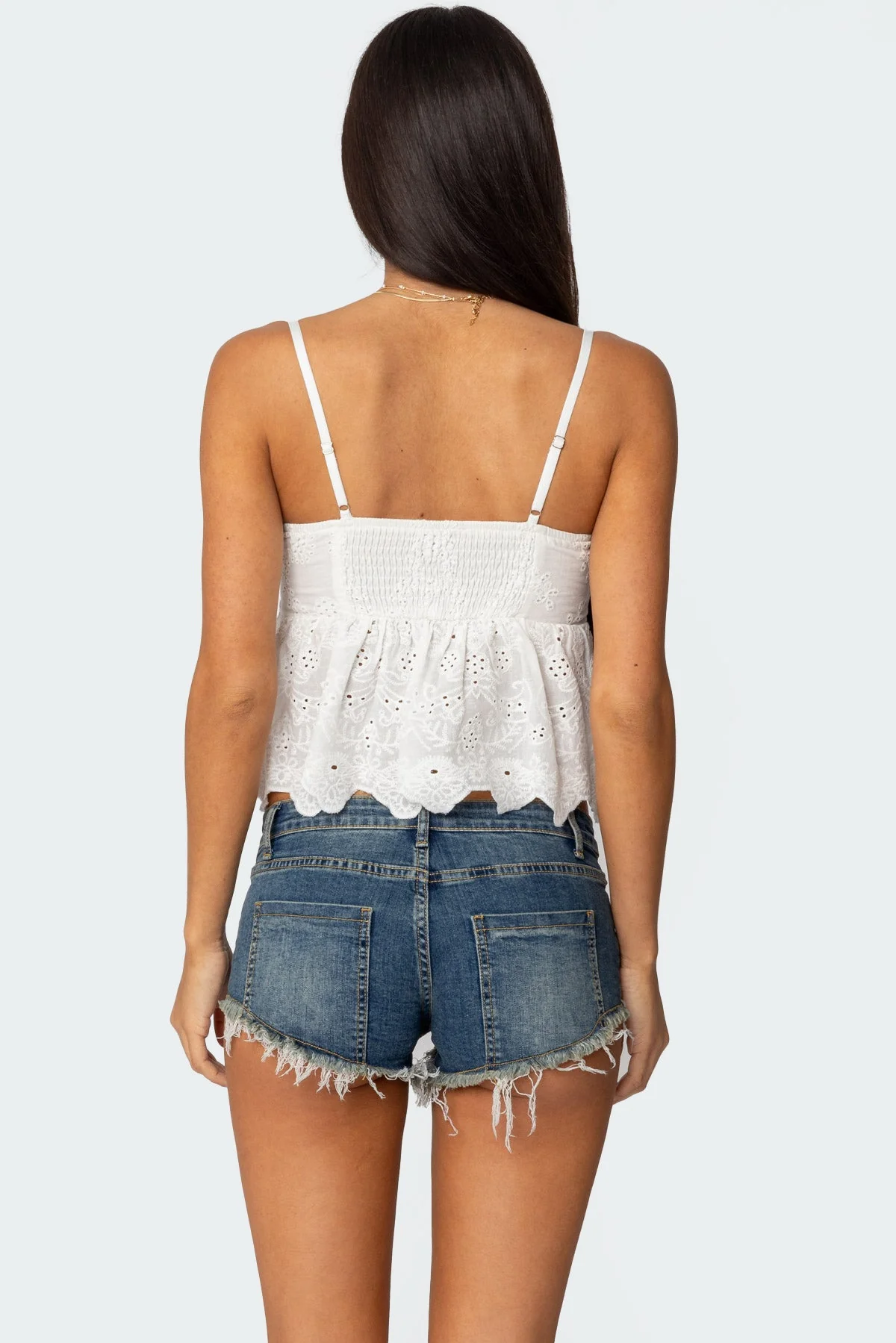 White Cotton Eyelet Corset Top Adjustable Straps Scalloped Hem