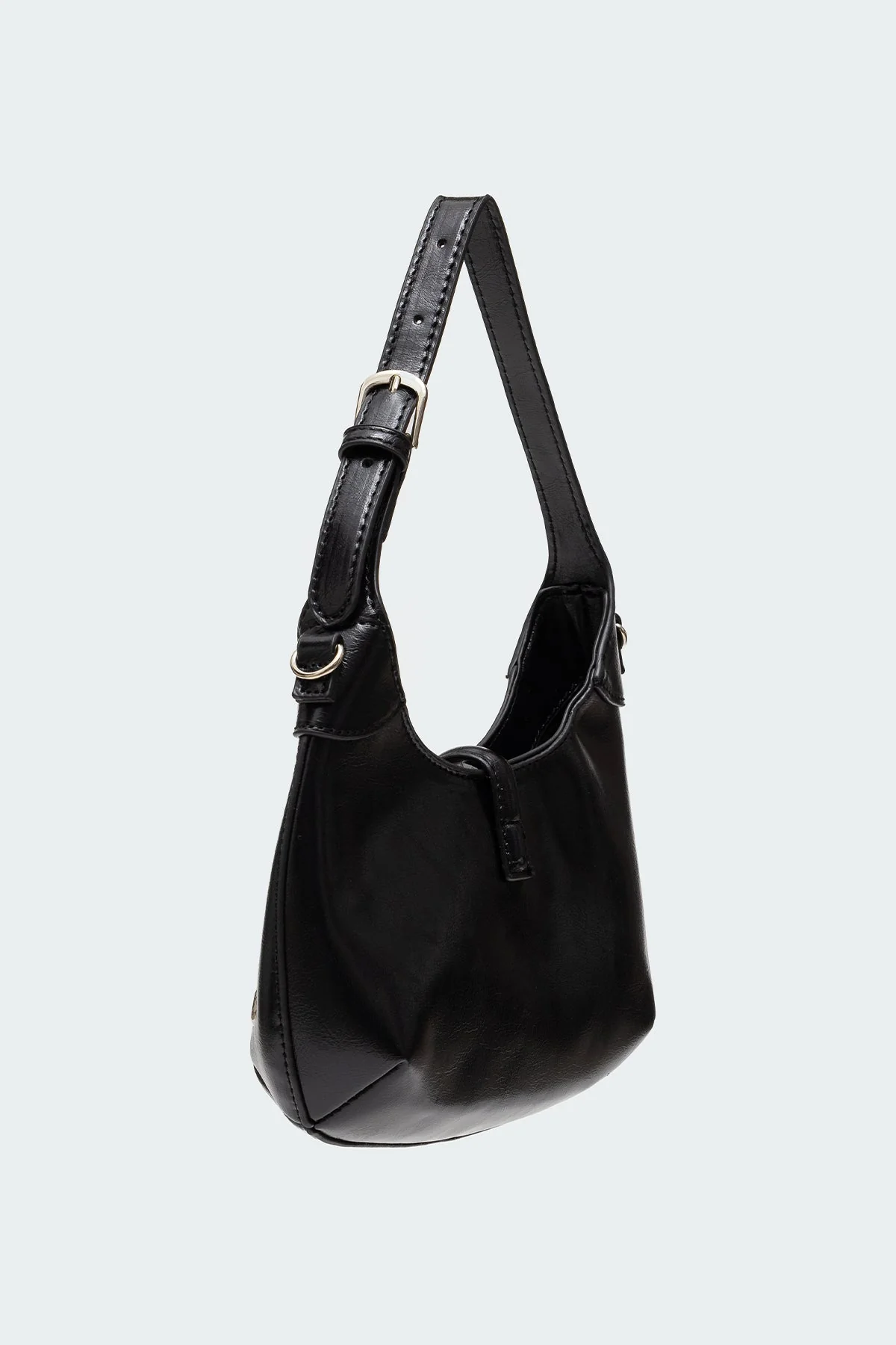Black Faux Leather Shoulder Bag with Grommet Detailing