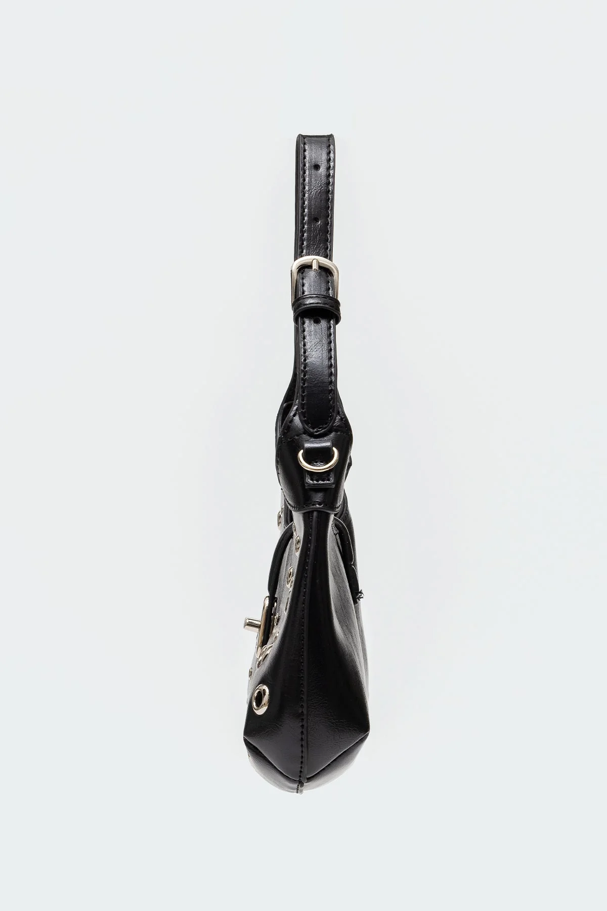 Black Faux Leather Shoulder Bag with Grommet Detailing
