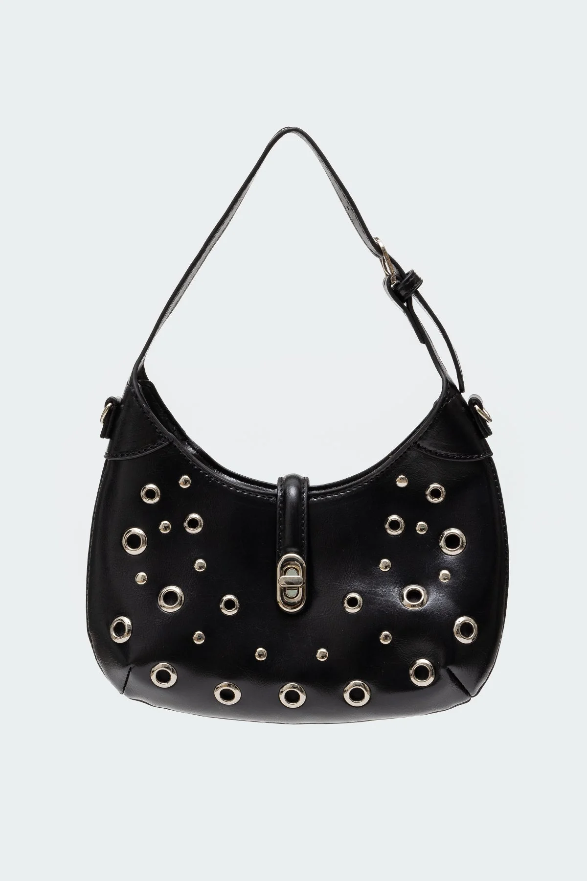 Black Faux Leather Shoulder Bag with Grommet Detailing