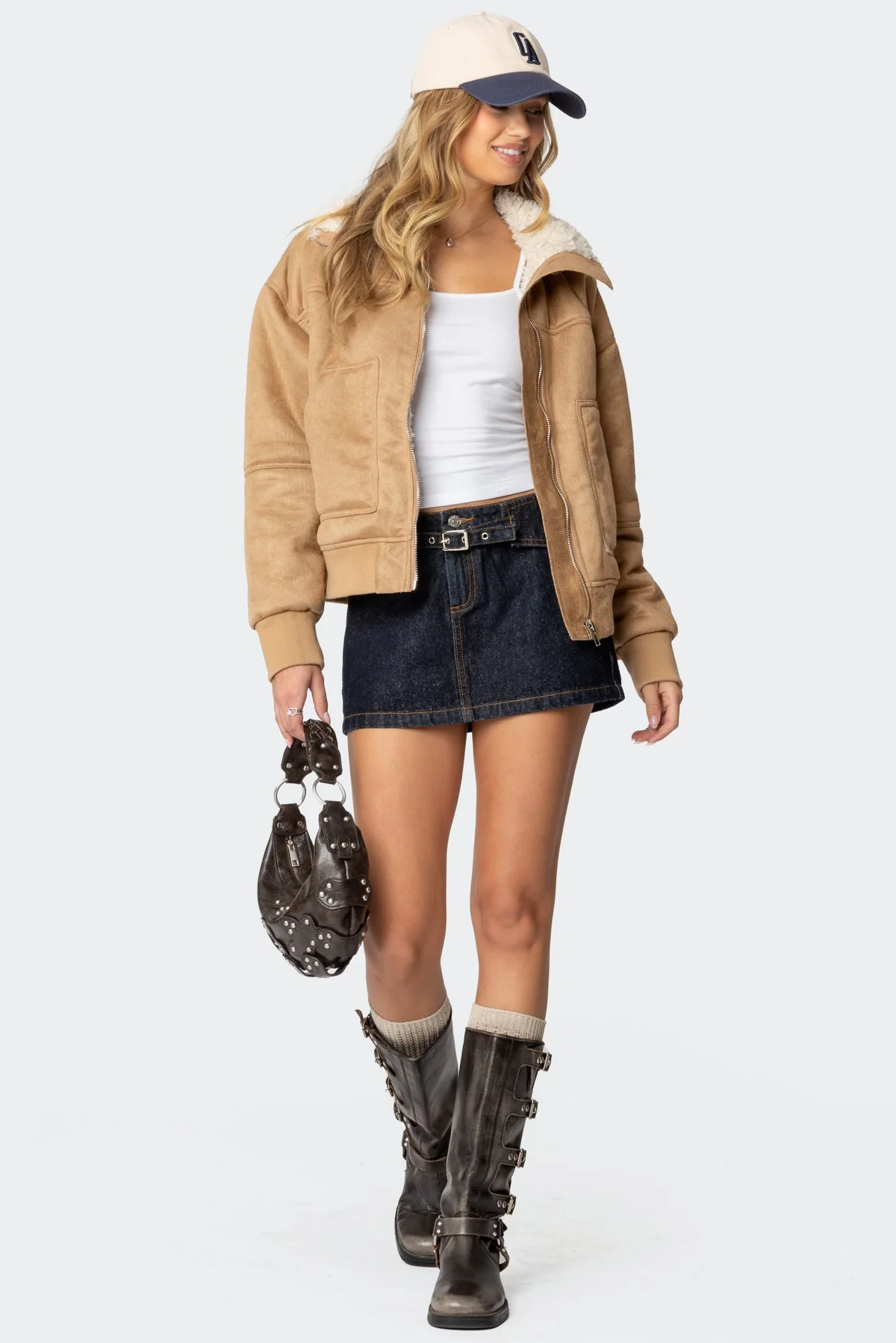 Tan Shearling Faux Suede Bomber Jacket
