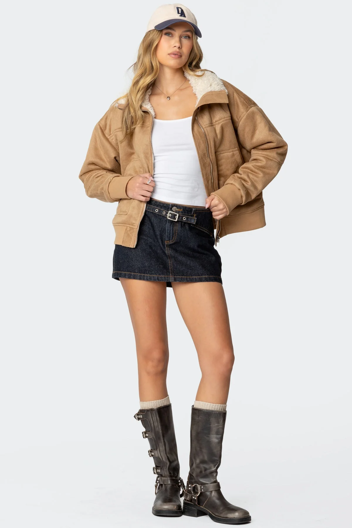 Tan Shearling Faux Suede Bomber Jacket