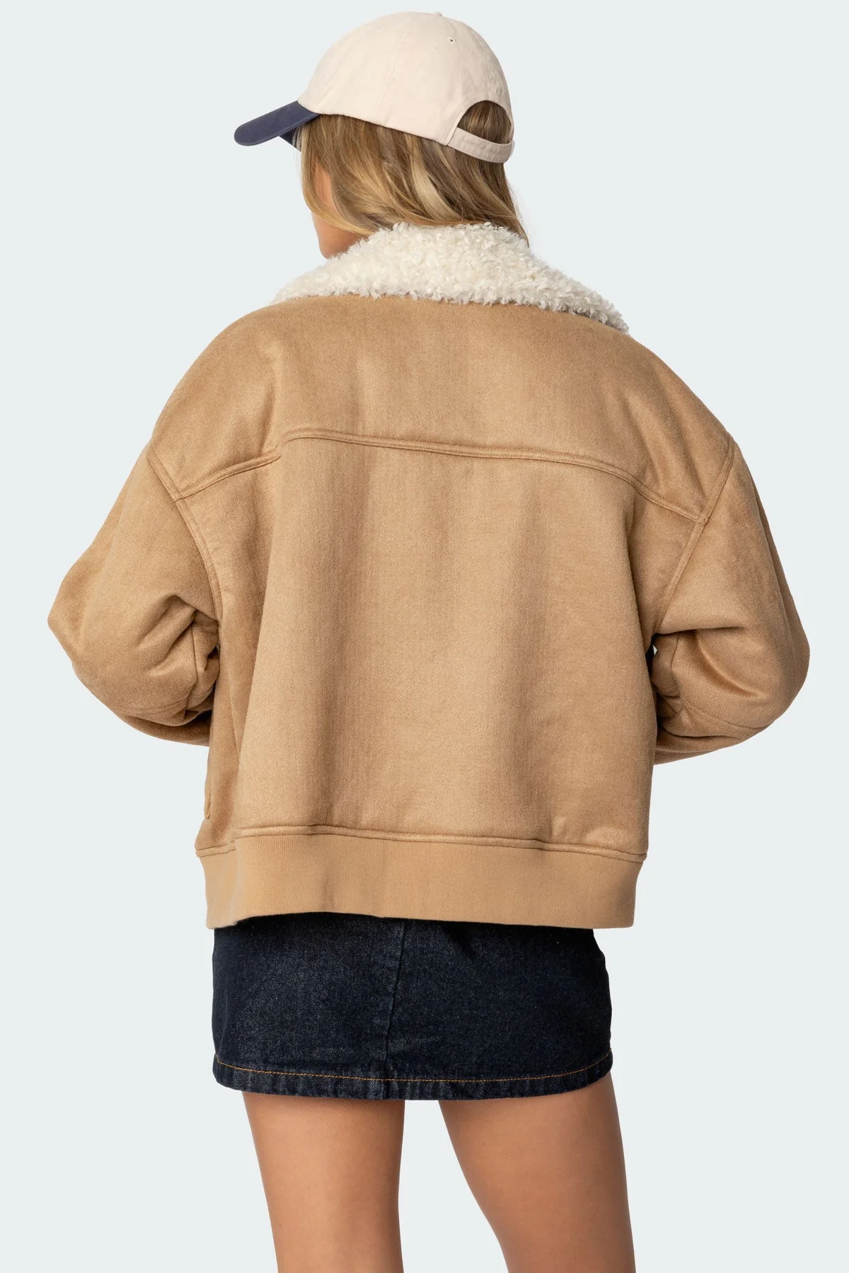 Tan Shearling Faux Suede Bomber Jacket