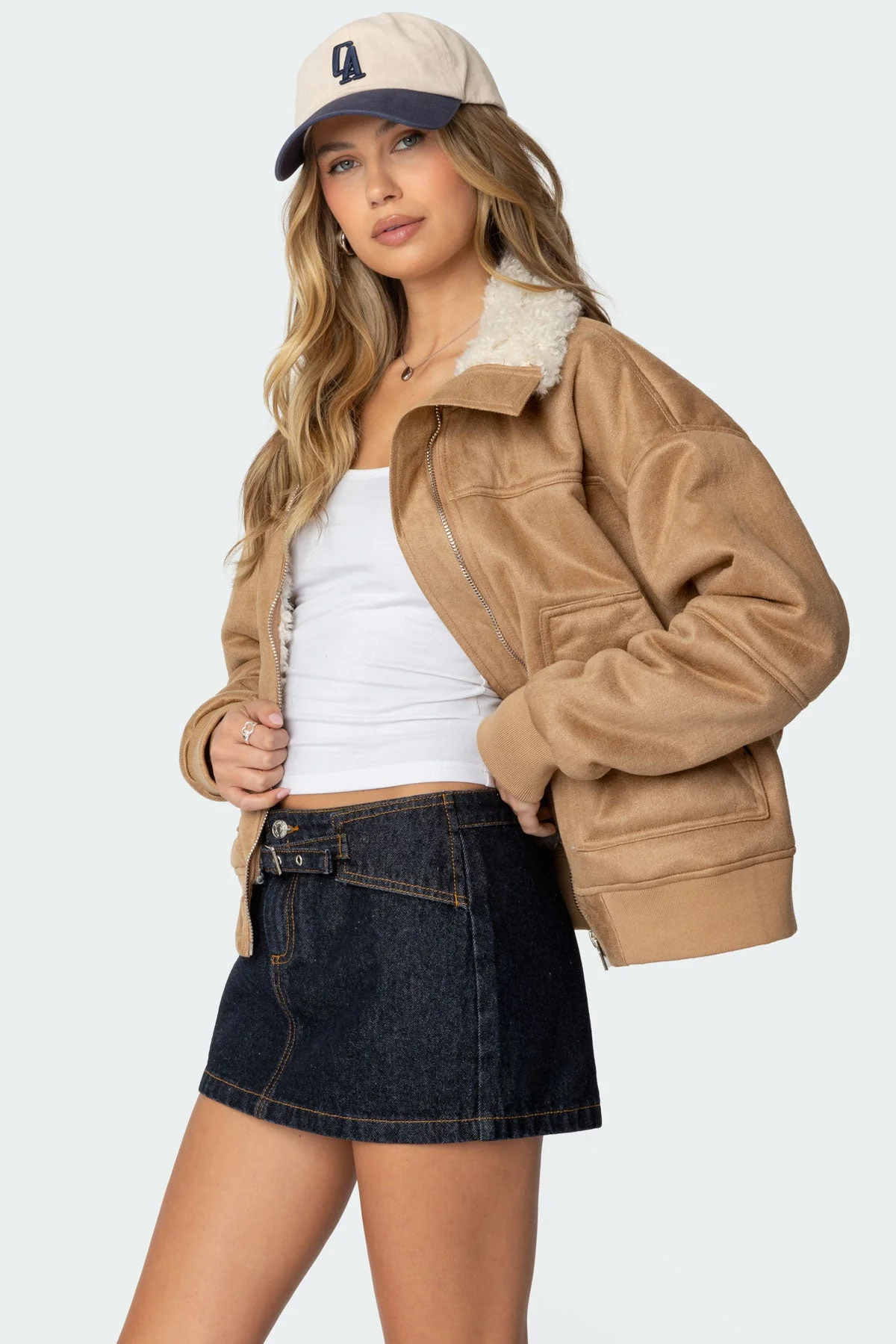 Tan Shearling Faux Suede Bomber Jacket