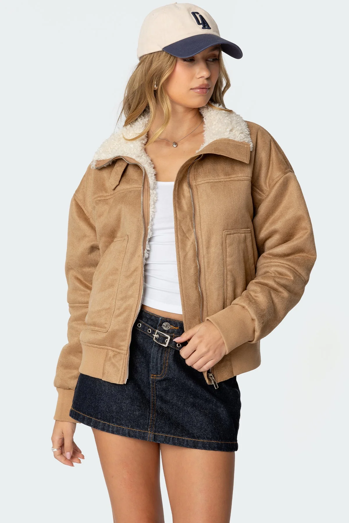 Tan Shearling Faux Suede Bomber Jacket