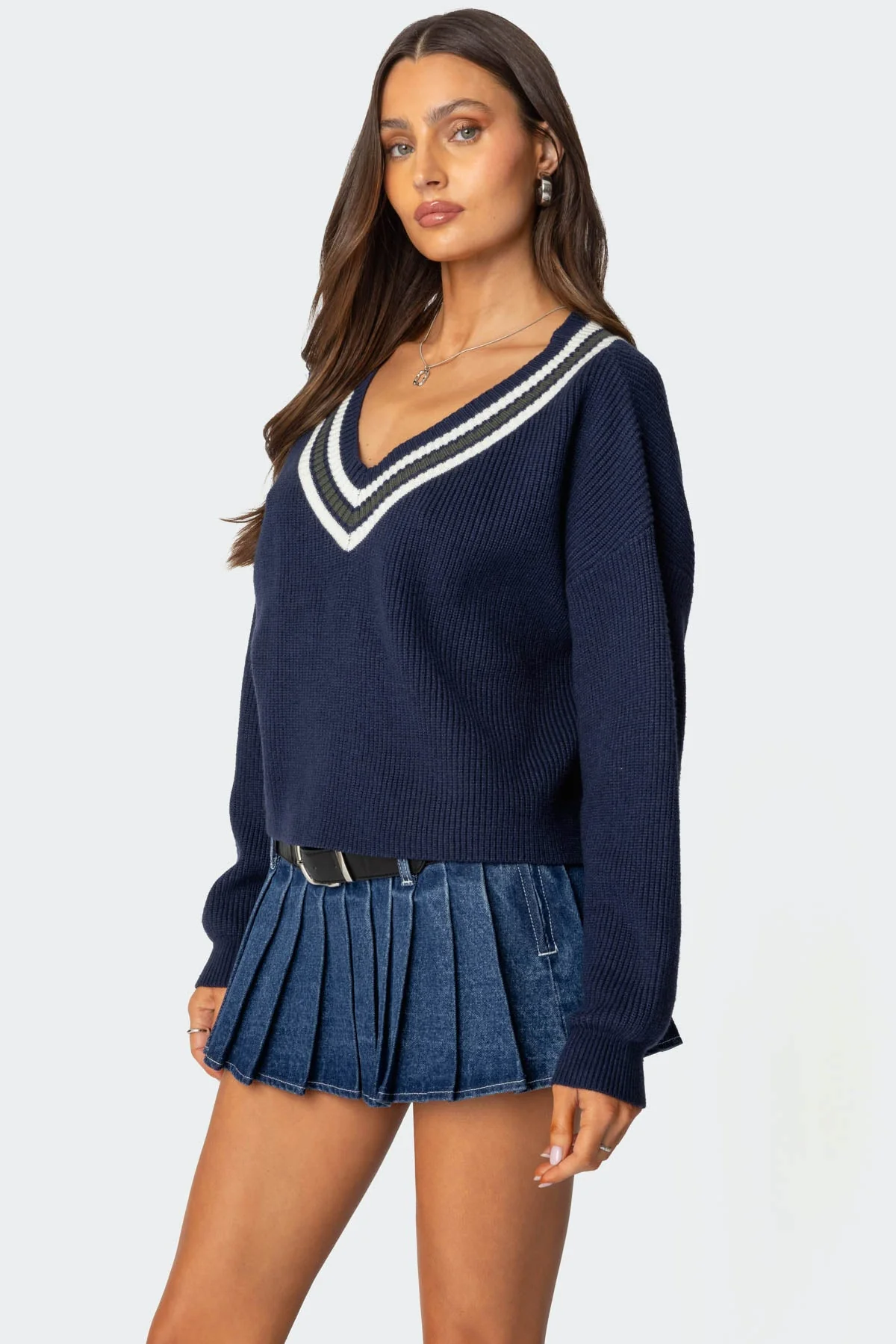 Navy V Neck Knit Sweater - Womens Stylish Outerwear