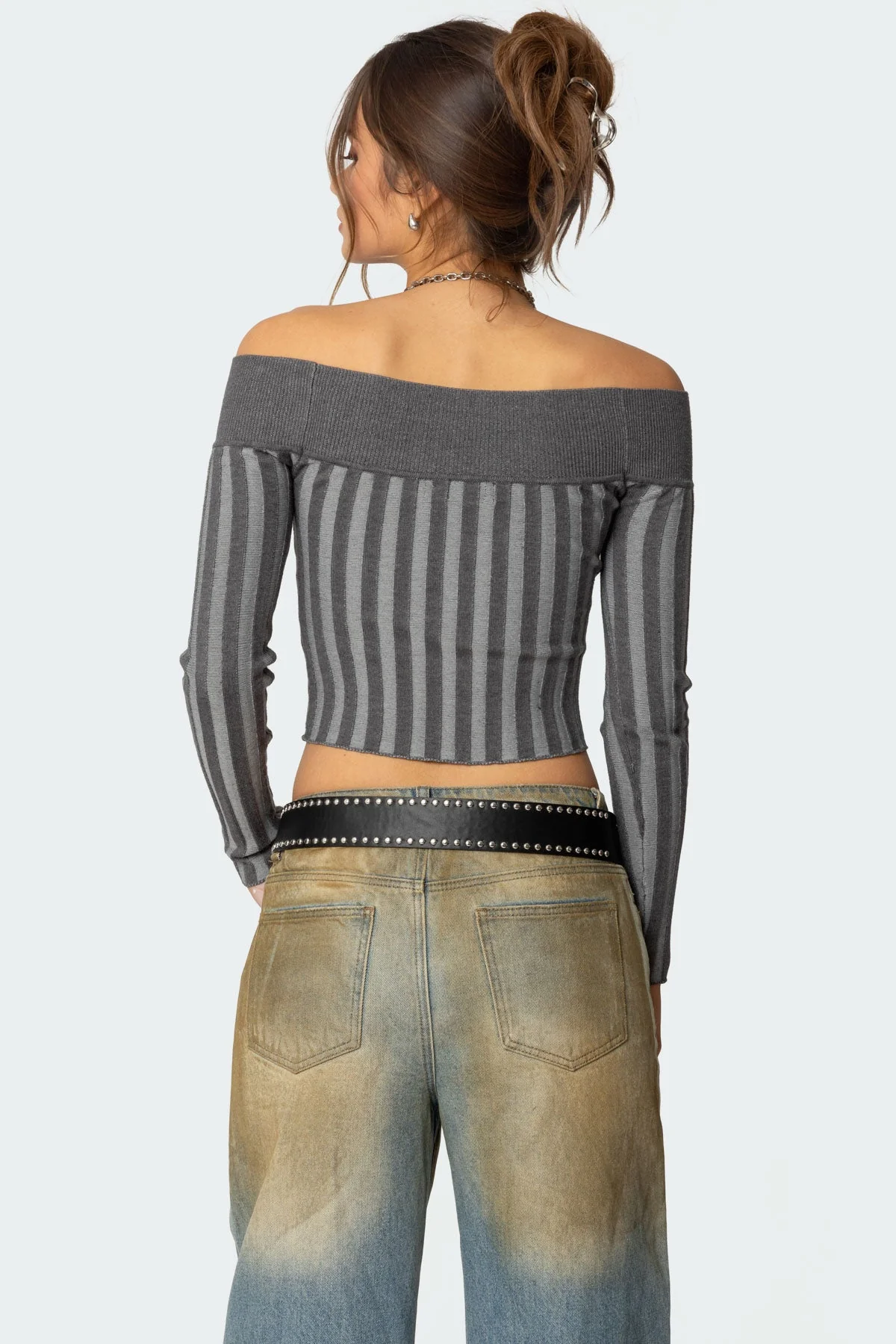 Dark Gray Off Shoulder Knit Sweater