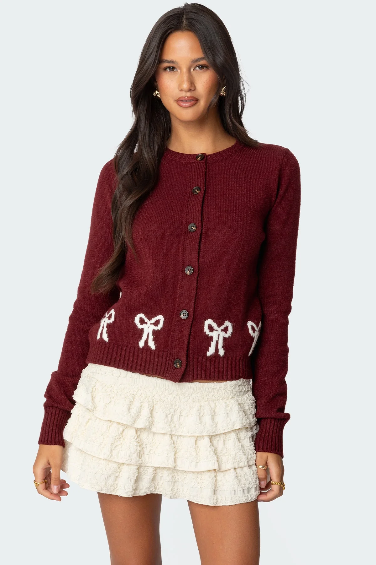 Burgundy Knit Bow Cardigan Womens Sweater
