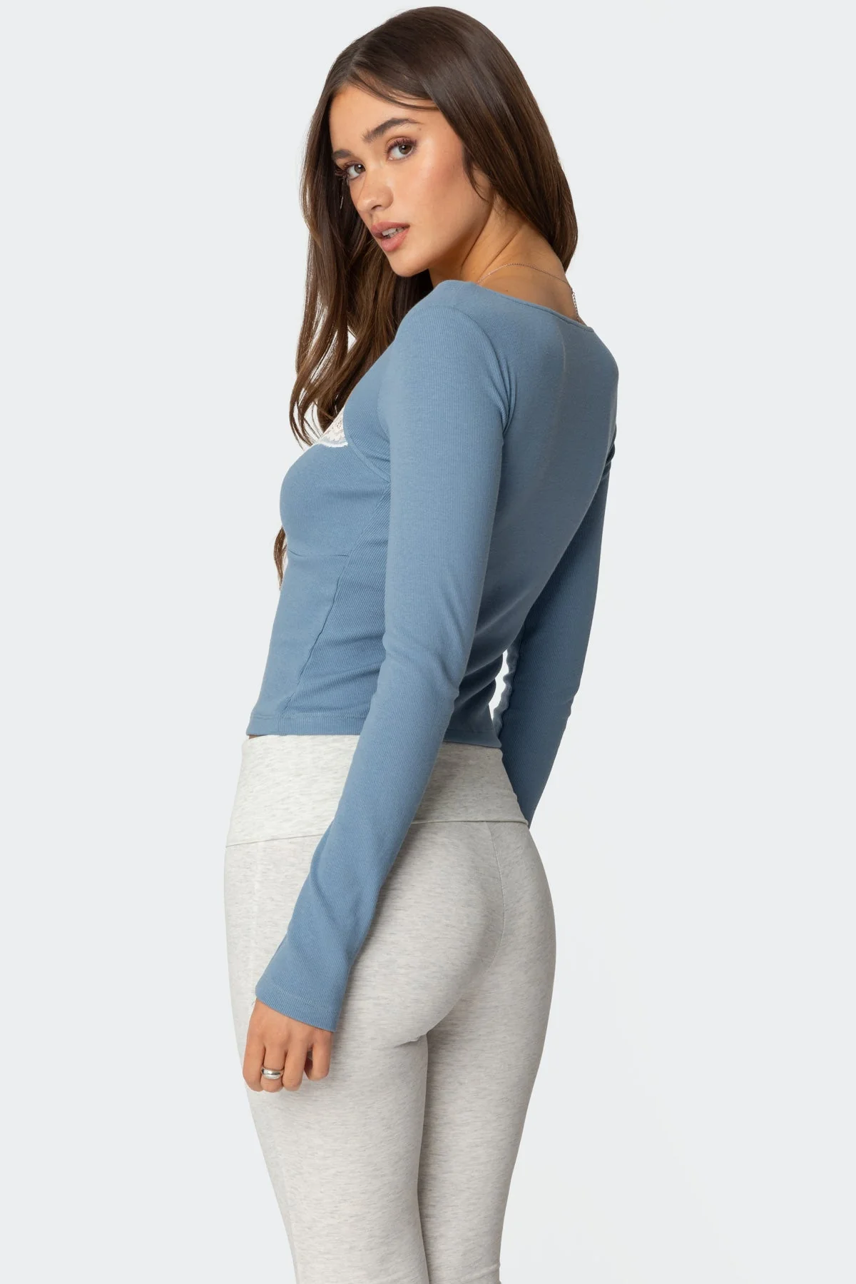 Blue Ribbed Lace Trim Top | Stylish Womens Long Sleeve Shirt