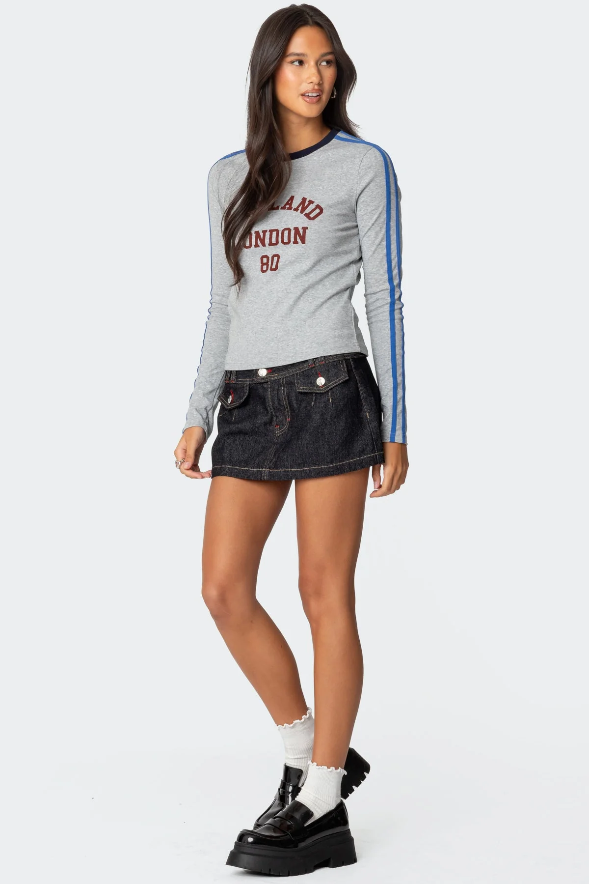 Gray Melange Contrast Stripe T-Shirt for Men - Premium Cotton Long Sleeve Tee