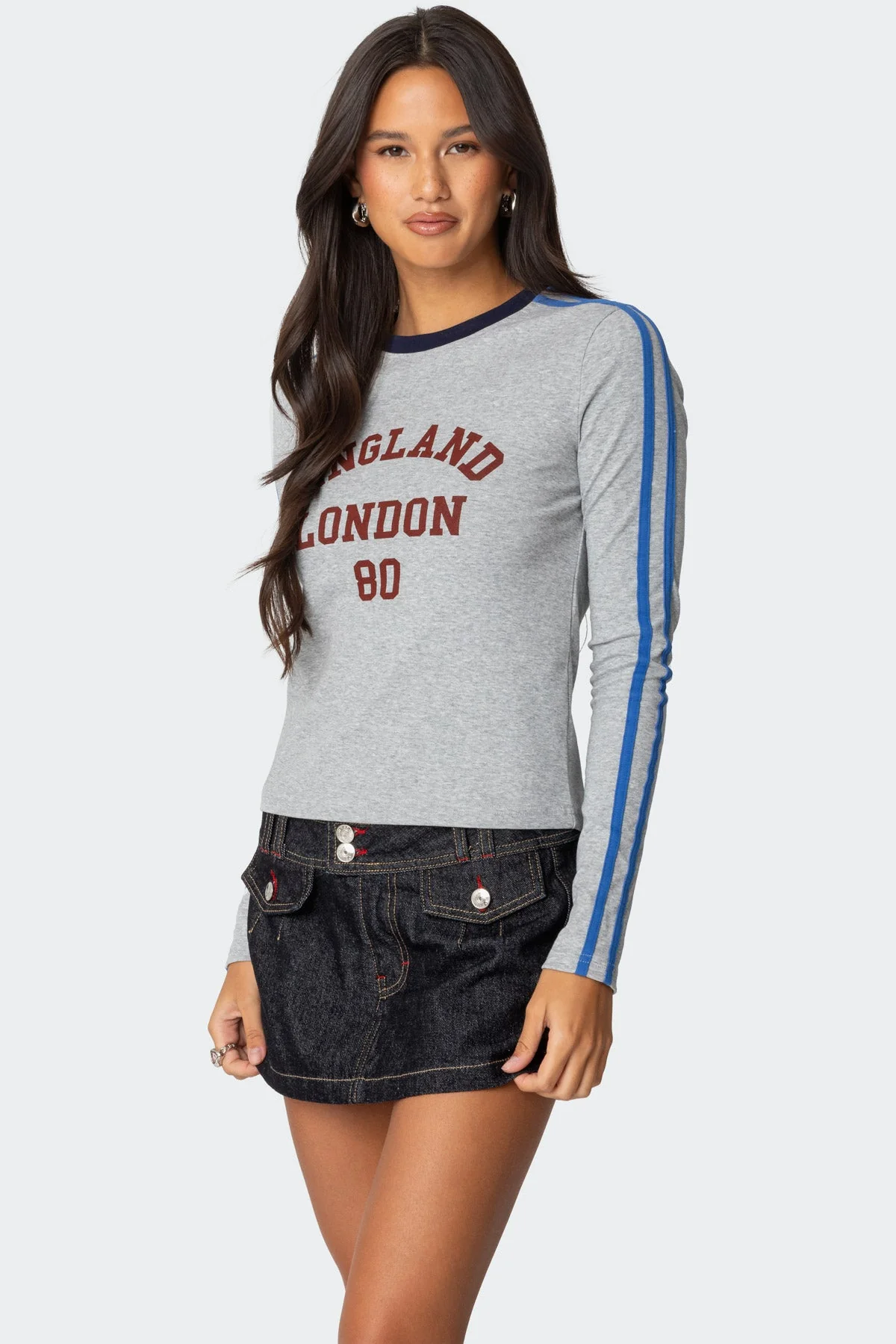 Gray Melange Contrast Stripe T-Shirt for Men - Premium Cotton Long Sleeve Tee