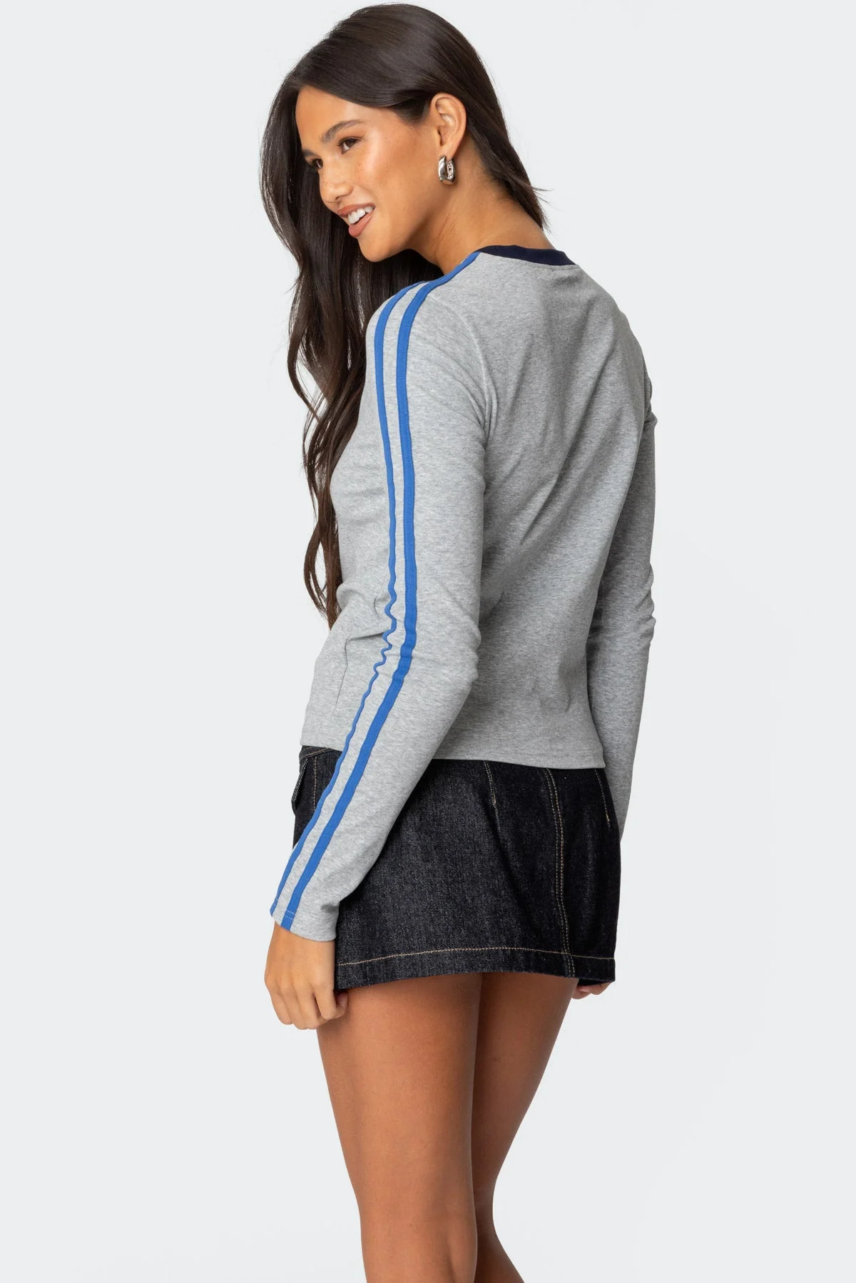 Gray Melange Contrast Stripe T-Shirt for Men - Premium Cotton Long Sleeve Tee