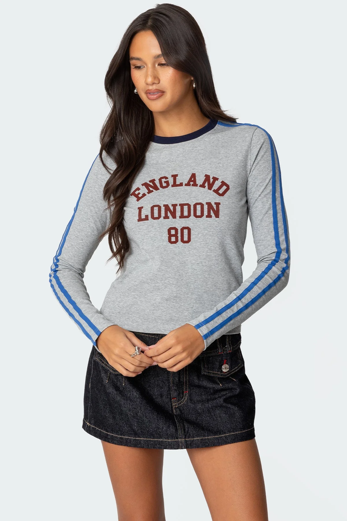 Gray Melange Contrast Stripe T-Shirt for Men - Premium Cotton Long Sleeve Tee