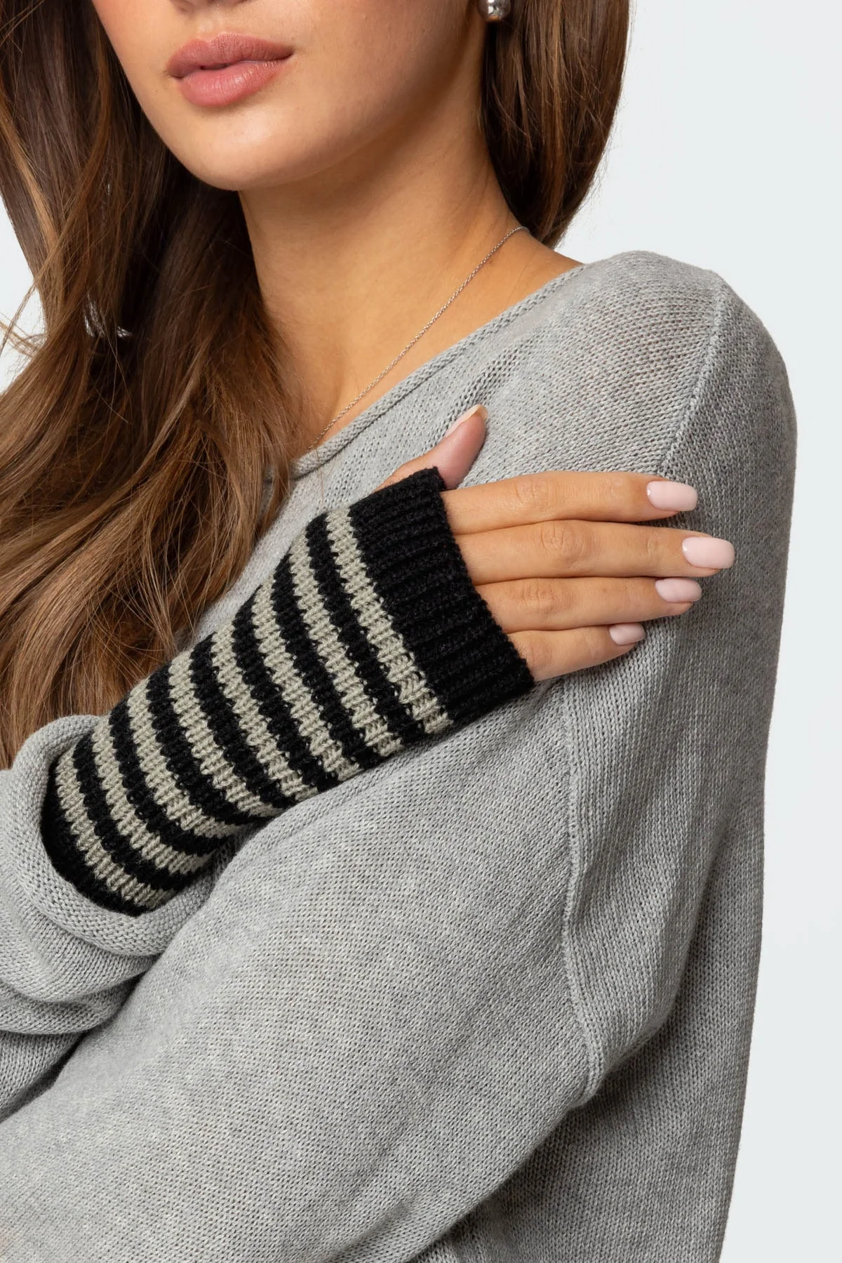 Black and Gray Striped Knit Fingerless Gloves