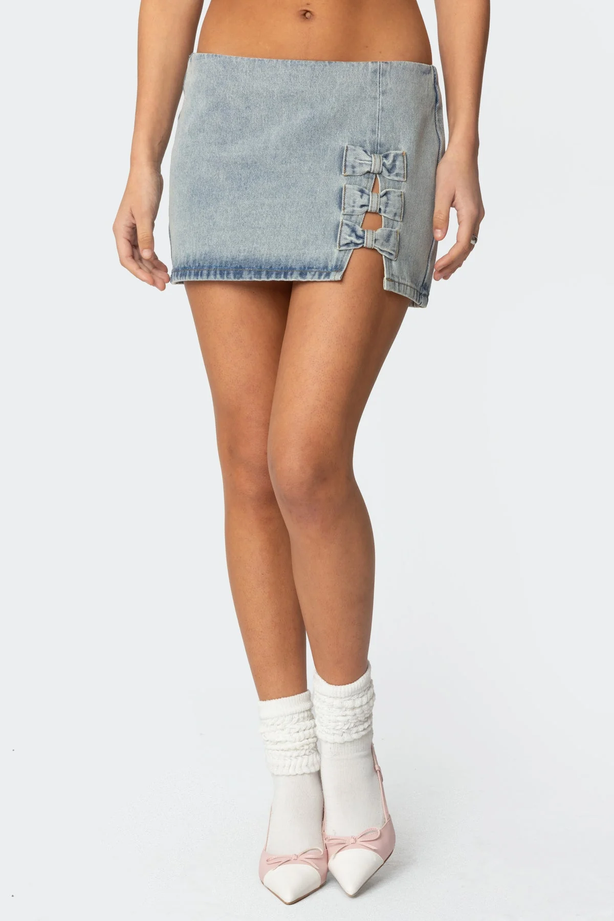 Washed Denim Mini Skirt with Bow Detailing