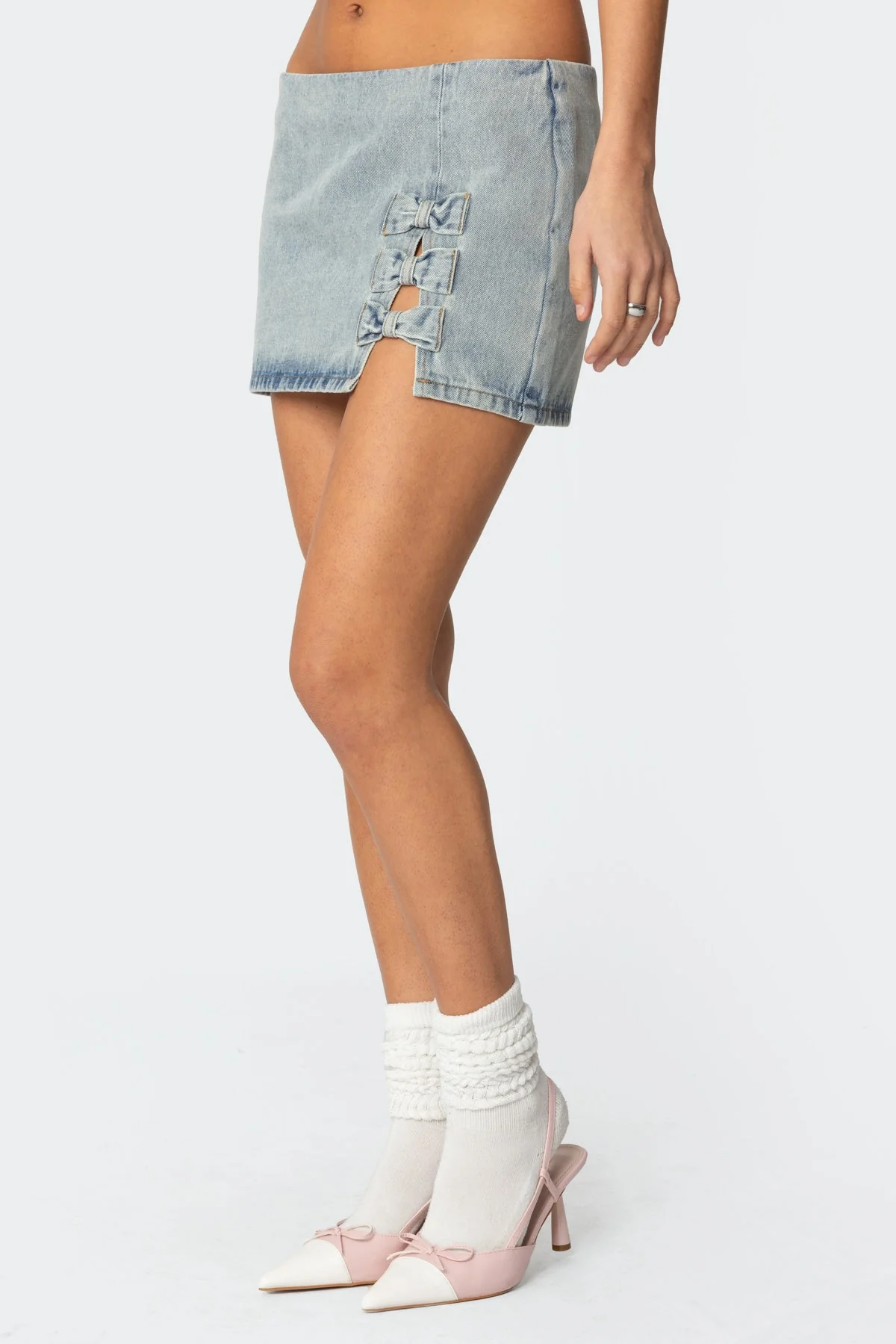 Washed Denim Mini Skirt with Bow Detailing