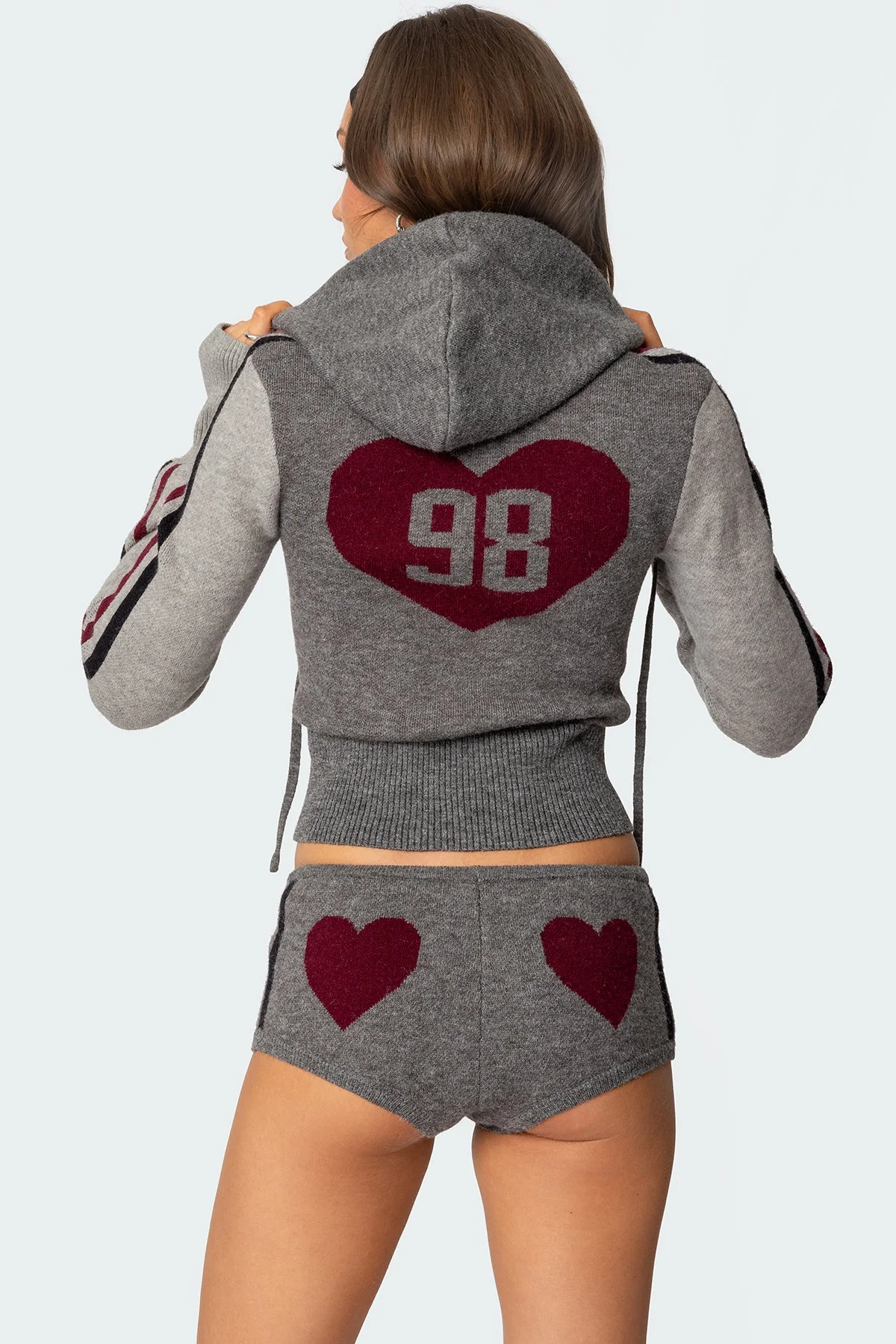 Gray Knit Heart Detail Zip-Up Hoodie