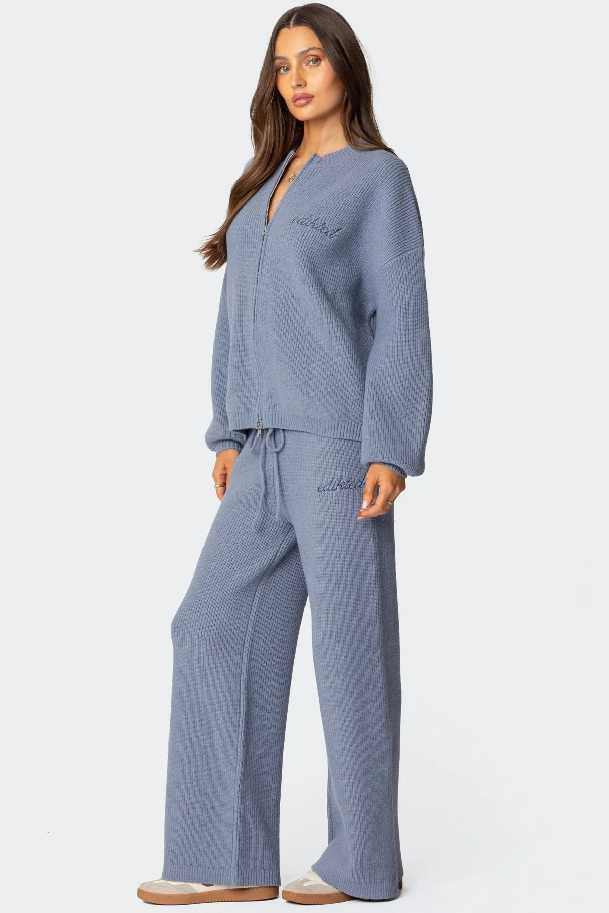 Blue Ribbed Knit Sweatpants Set