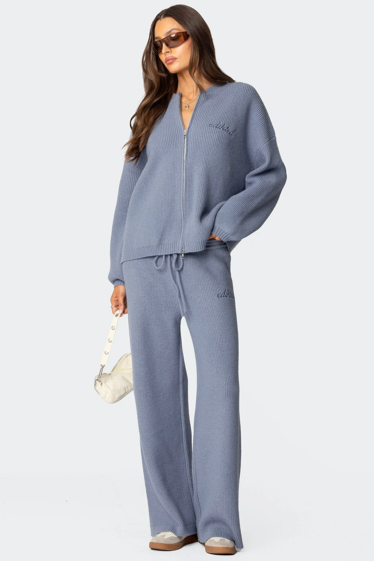 Blue Ribbed Knit Sweatpants Set