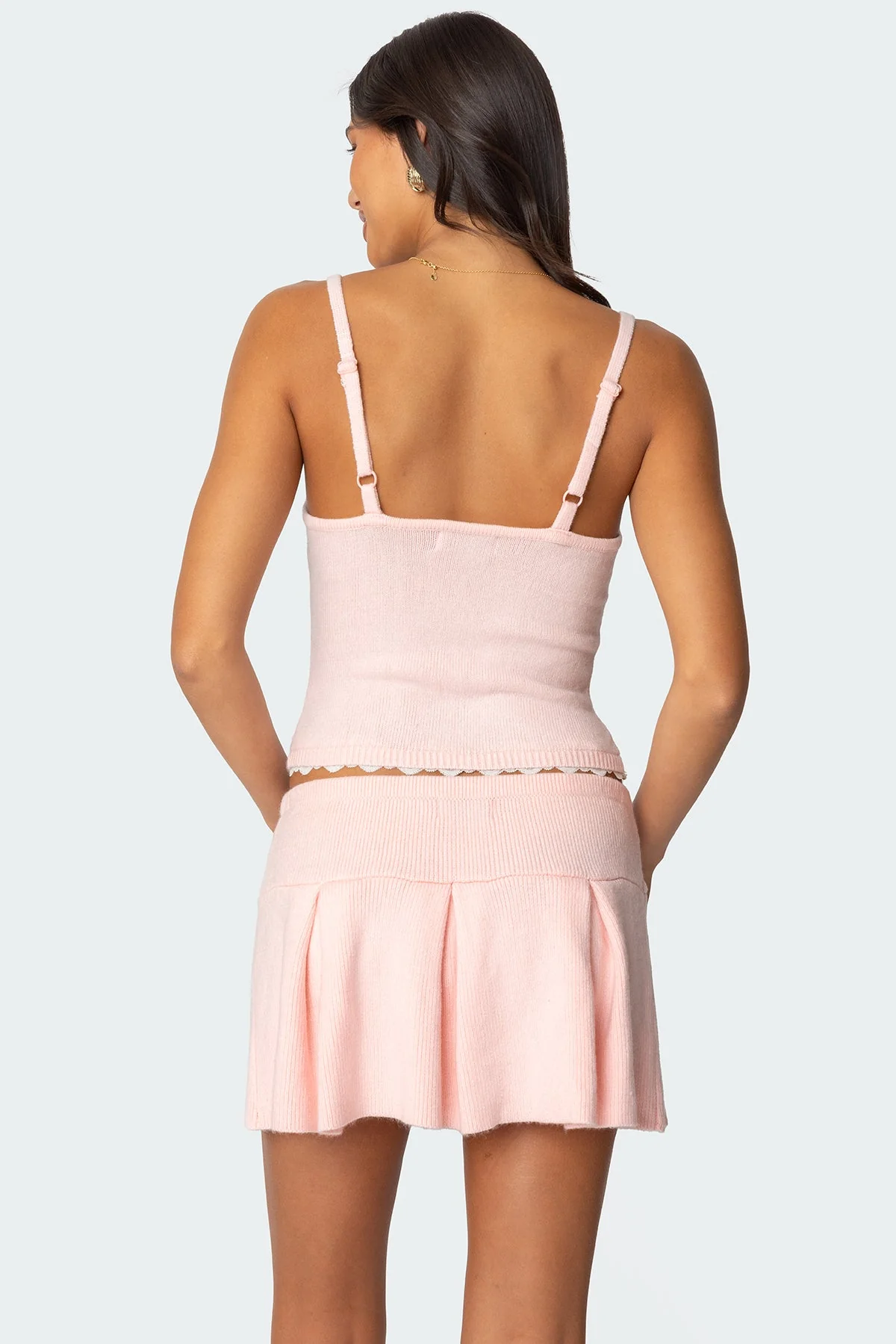 Light Pink Knit Tank Top with Lace Trim
