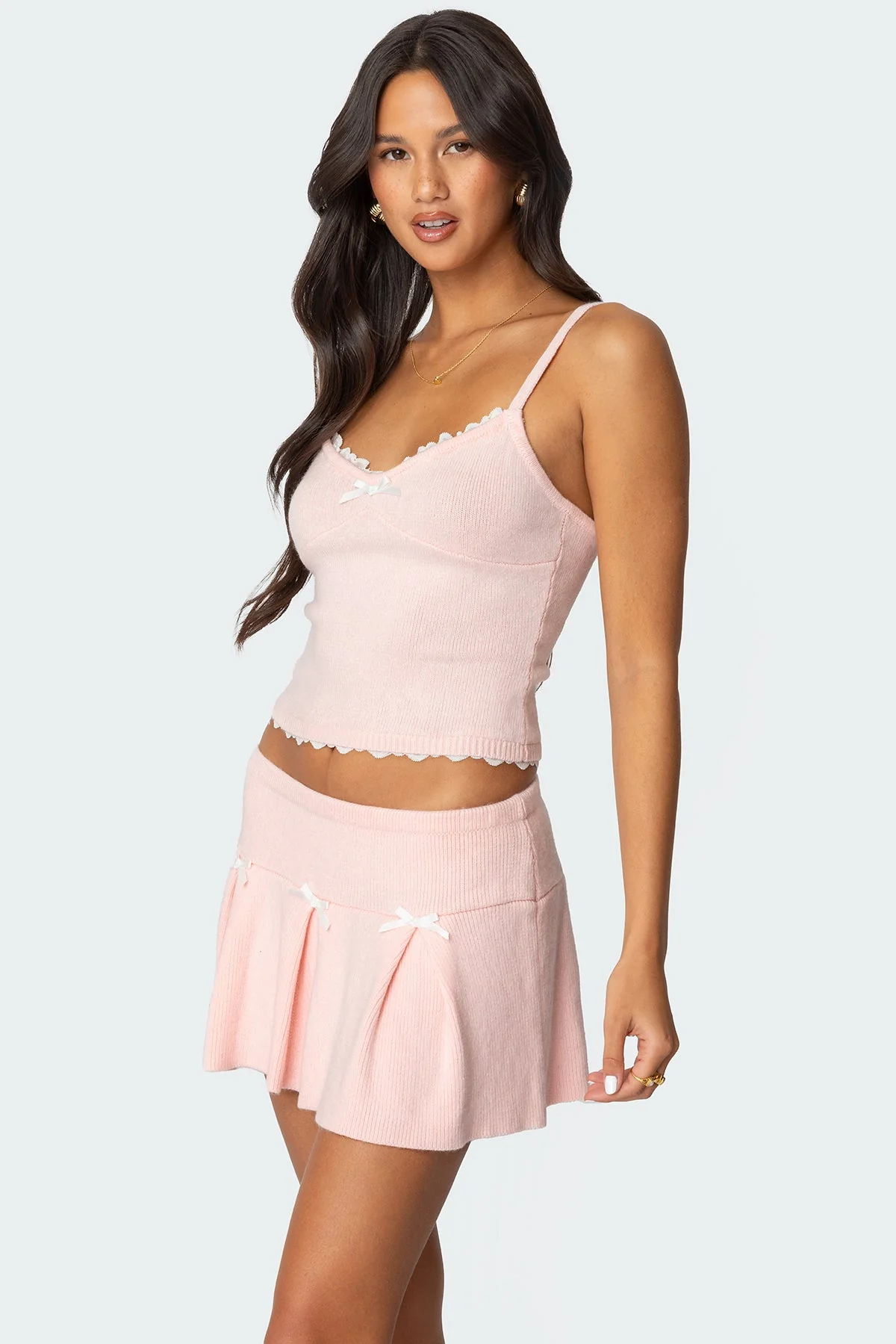 Light Pink Knit Tank Top with Lace Trim
