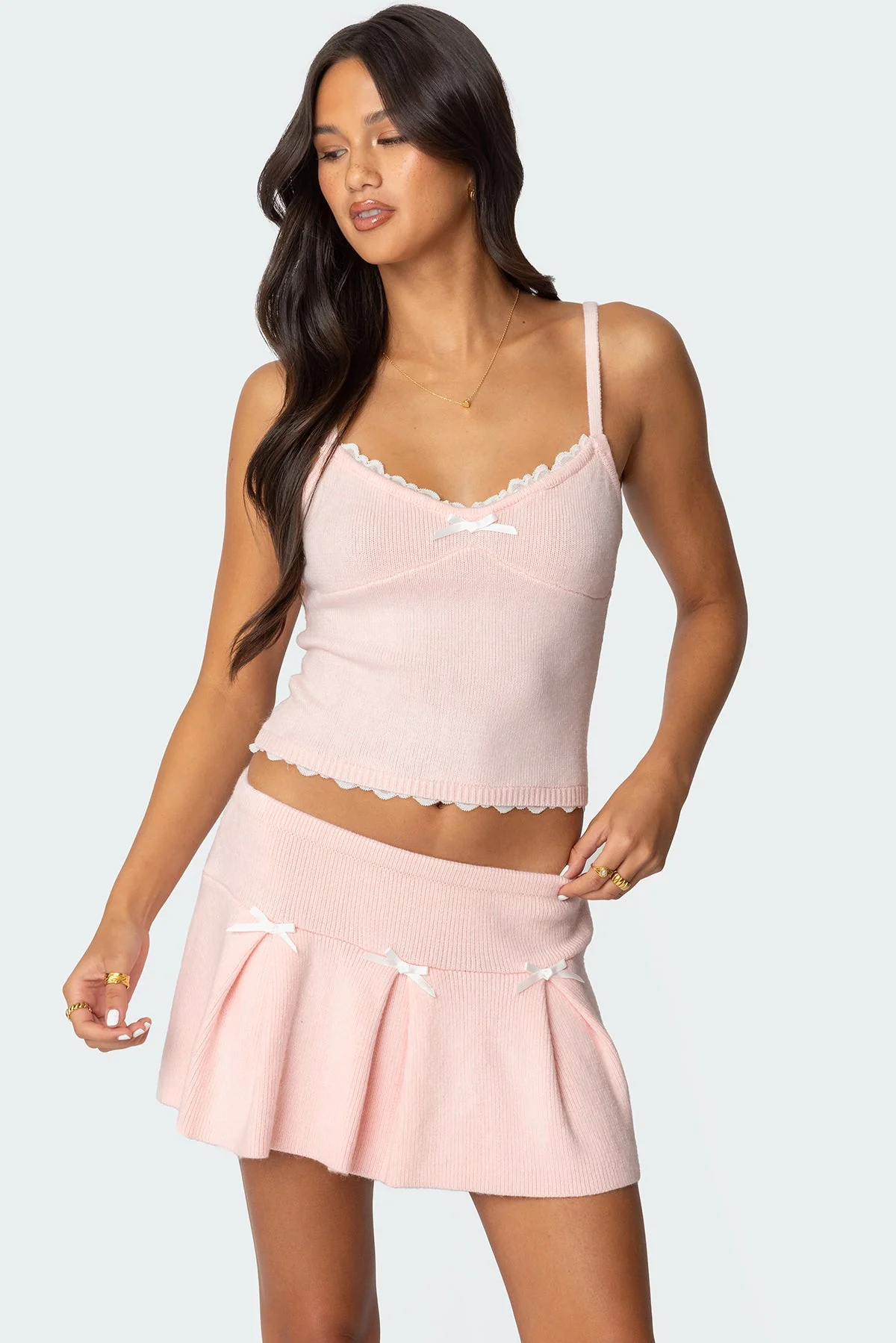 Light Pink Knit Tank Top with Lace Trim