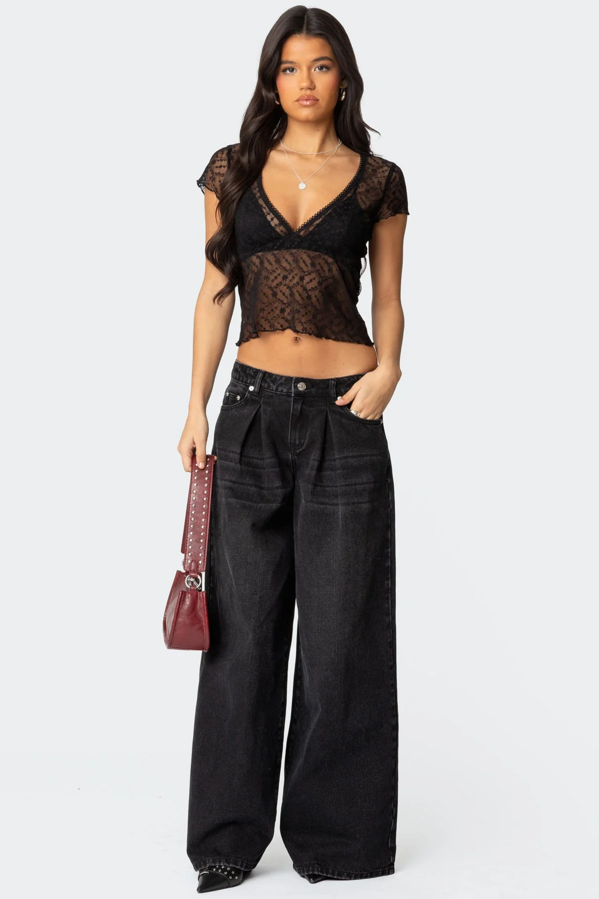 Black Pleated Low Rise Denim Pants