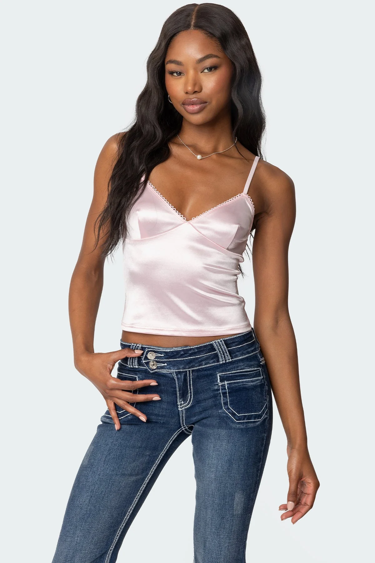 Light Pink Satin Tank Top - Adjustable Straps & Frill Trim