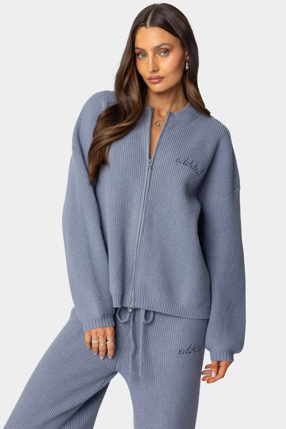 Blue Ribbed Knit Zip Sweater Women