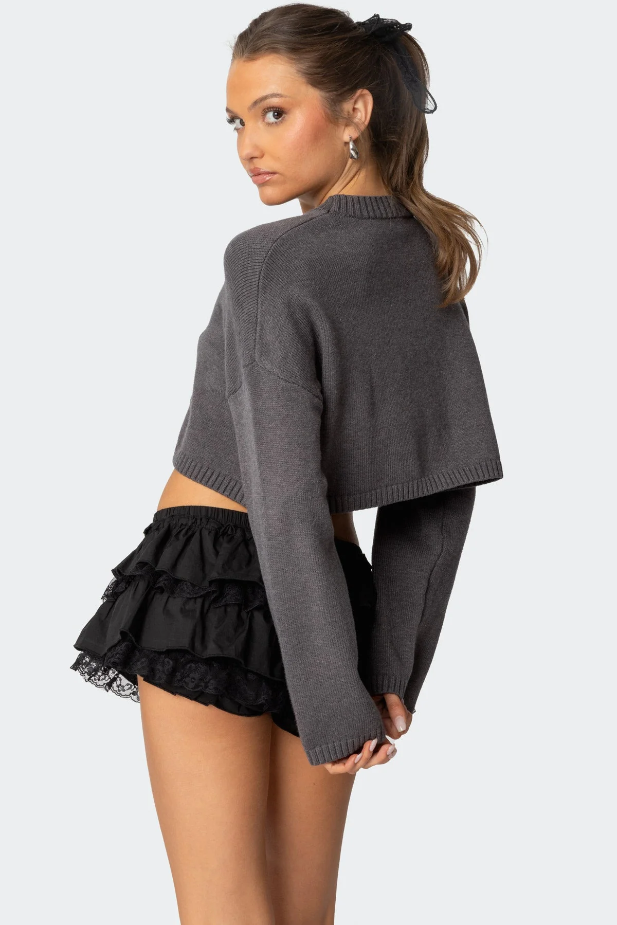 Gray Knit Bow Cropped Sweater
