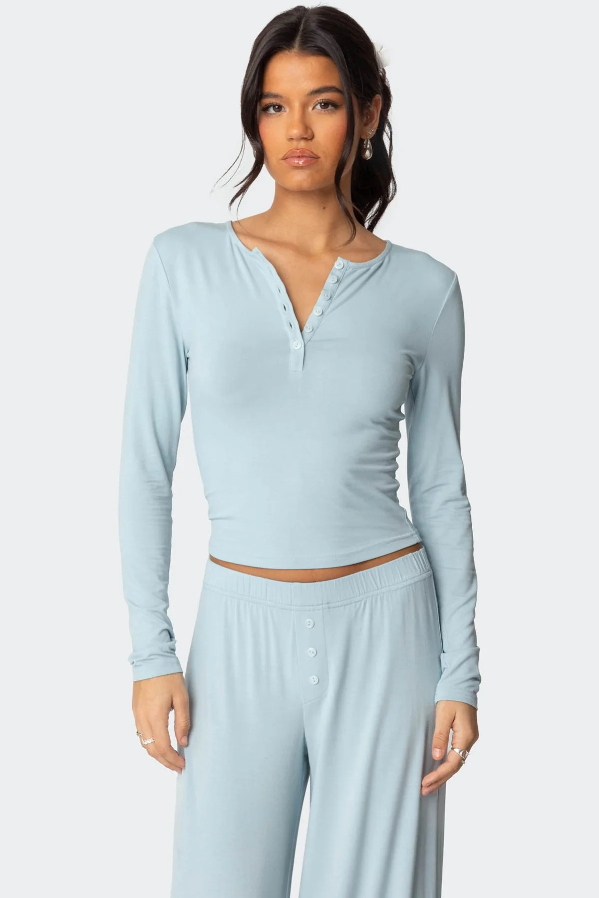Light Blue Henley Sleepwear Top for Women