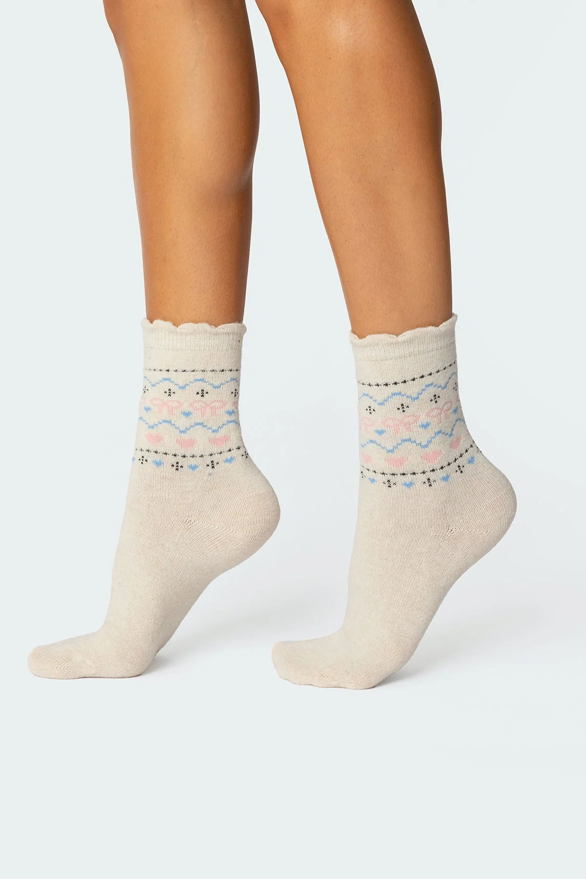 Ivory Knit Bow and Heart Pattern Socks