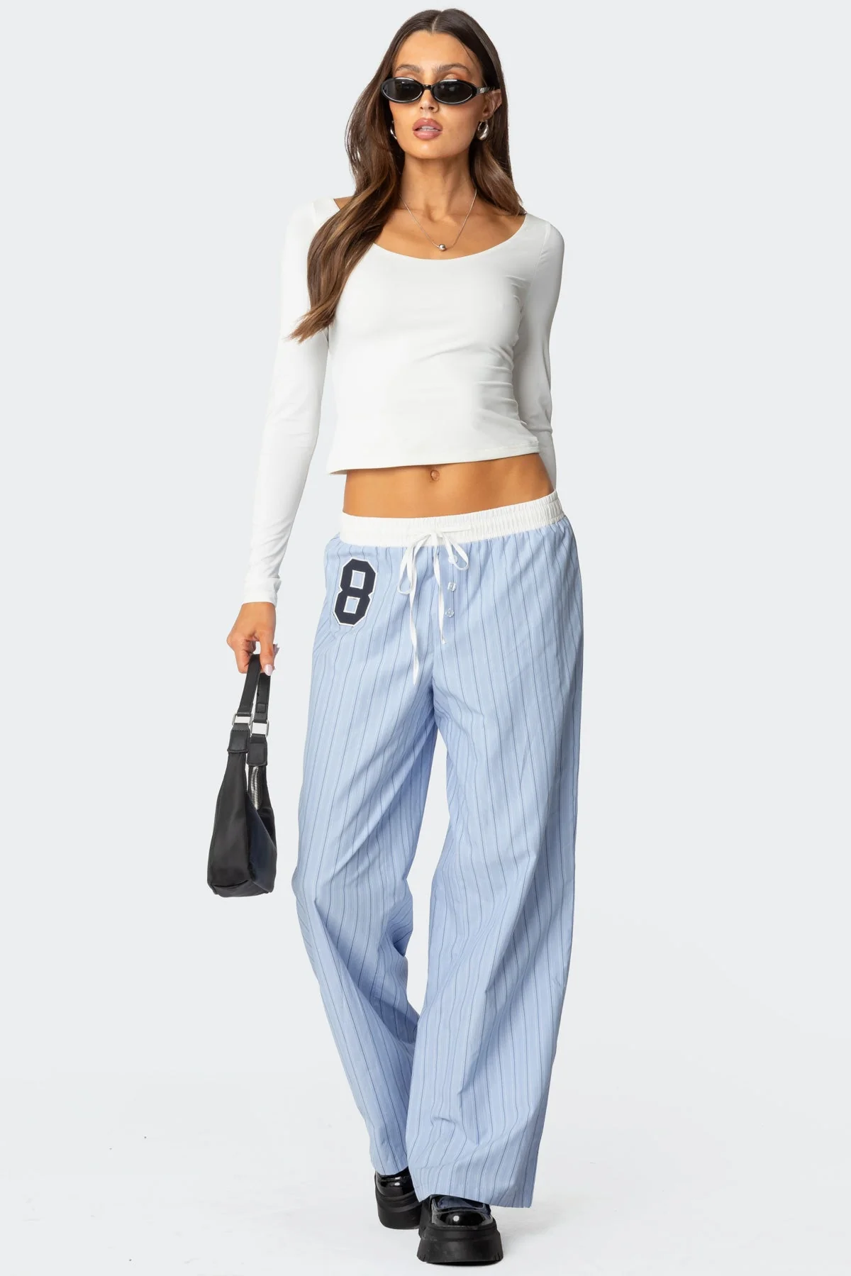 Blue Striped Cotton Elastic Waistband Pants
